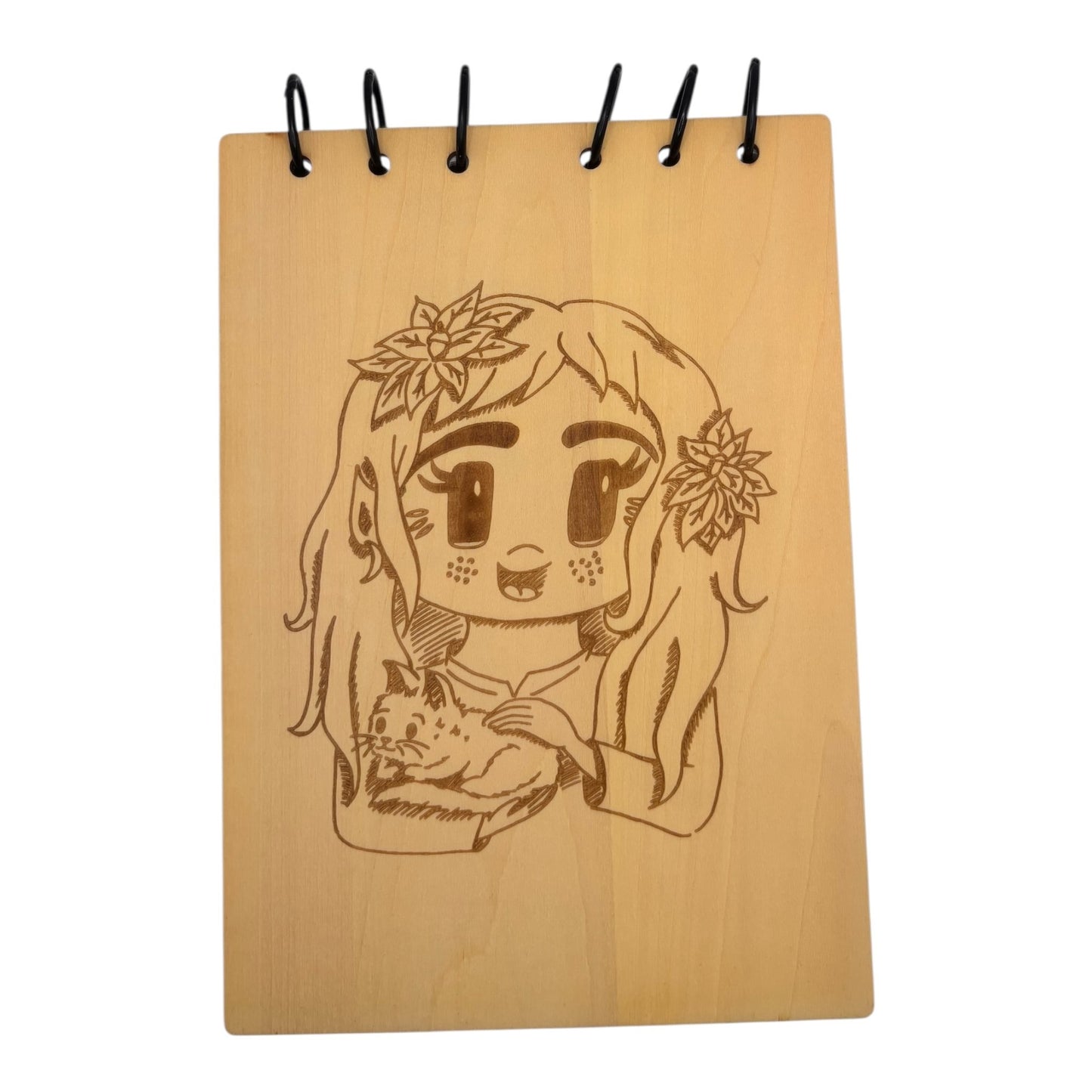 Carnet en bois avec une jeune fille avec son chat style kawaï gravé au laser , cahier et bloc note au format A5 écologique et rechargeable de fabrication française et artisanale