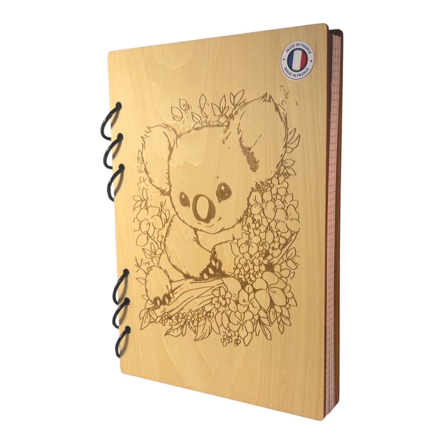 Cahier A5 koalas dans les fleurs graver au laser rechargeable et ecologique fabrication francaise et artisanale