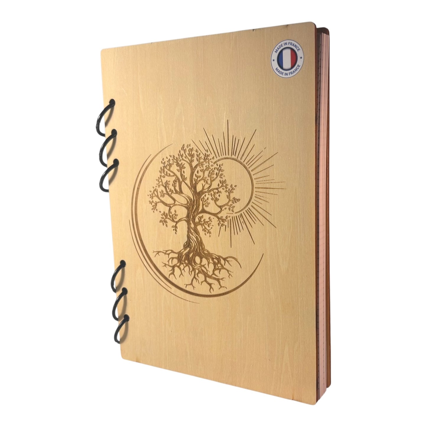 Cahier A5 arbre de vie avec lune et soleil graver au laser rechargeable et ecologique fabrication francaise et artisanale