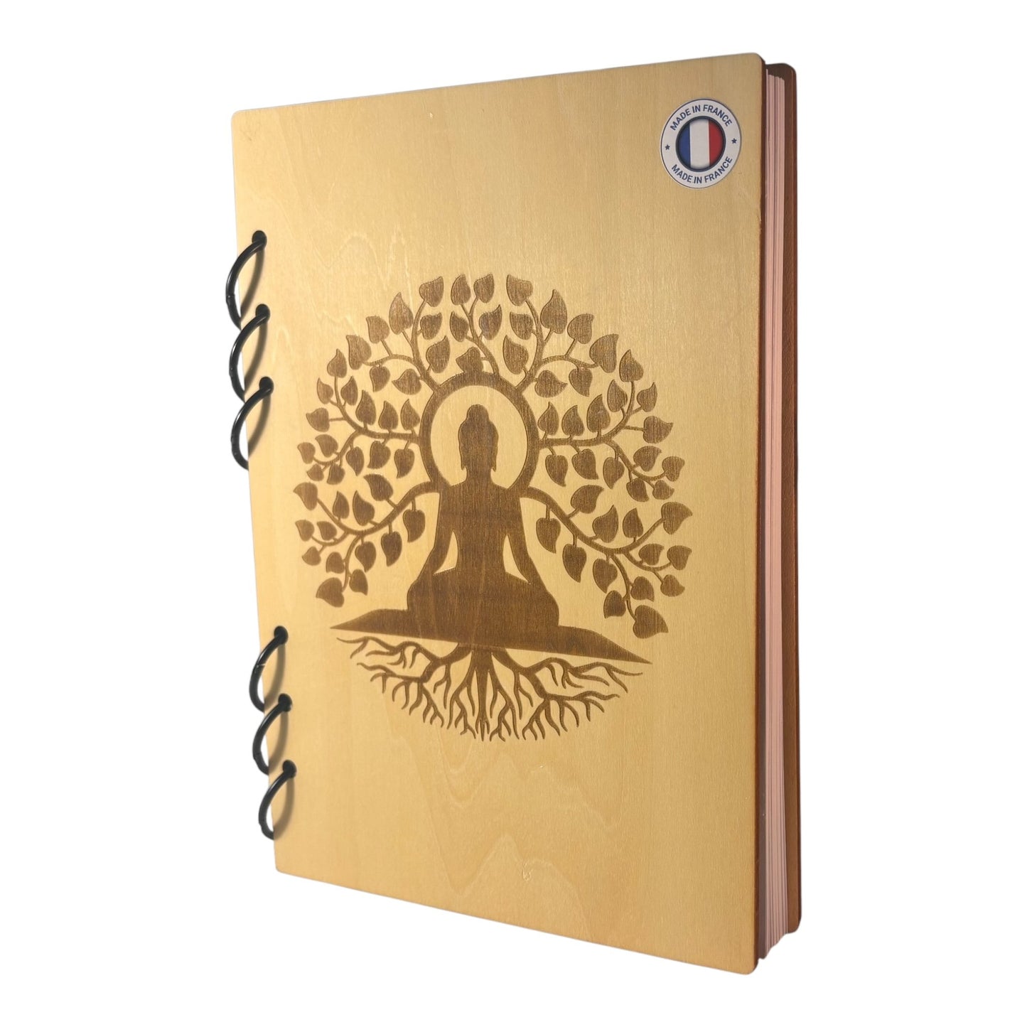 Cahier A5 yogi avec arbre de vie graver rechargeable et ecologique au laser fabrication francaise et artisanale