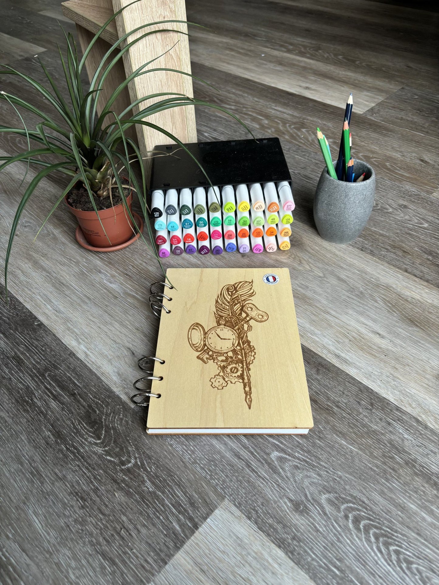 Cahier A5 Plume et montre à gousset - graver au laser rechargeable et ecologique fabrication francaise et artisanale