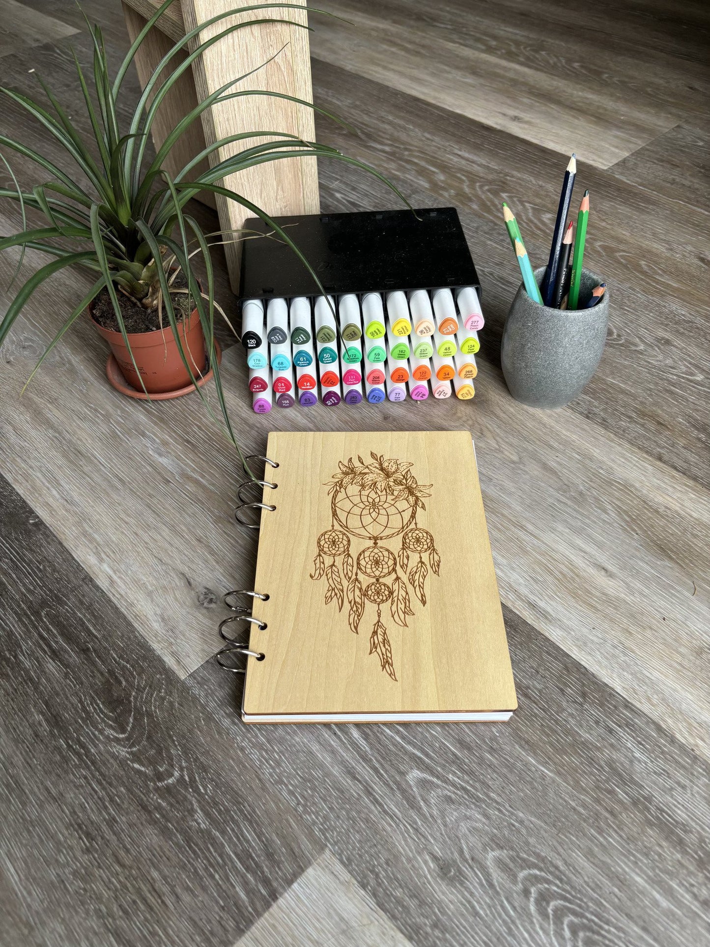 Cahier A5 avec feutres Attrape rêves - graver au laser rechargeable et ecologique fabrication francaise et artisanale