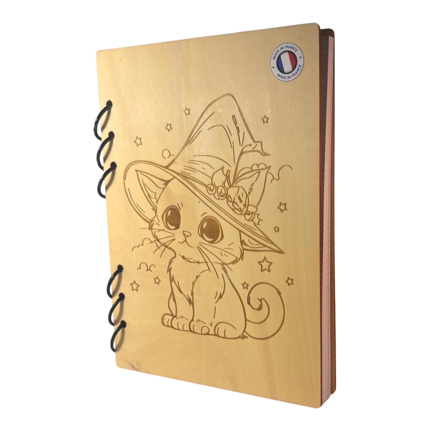 Cahier A5 graver au laser chat sorcier - rechargeable ecologique fabrication francaise et artisanale
