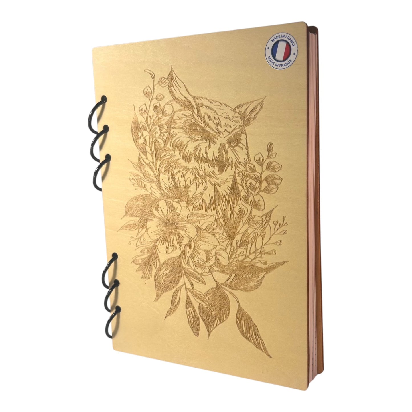 Cahier A5 Chouette entourée de fleurs - graver au laser rechargeable et ecologique fabrication francaise et artisanale