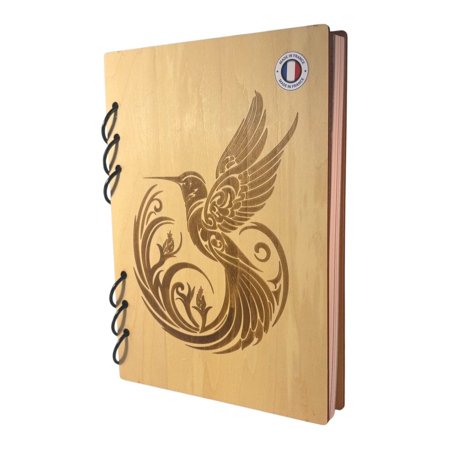 Cahier A5 colibri qui s'envole -graver au laser rechargeable et ecologique fabrication francaise et artisanale