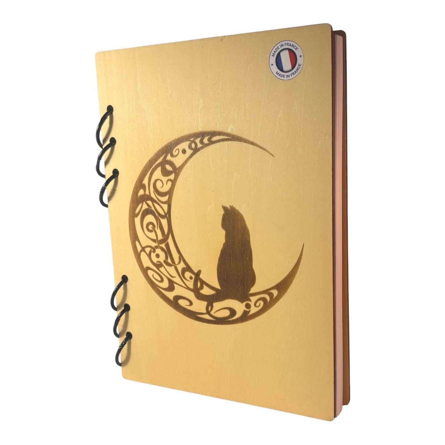 cahier A5 chat sur une lune en arabesque rechargeable ecologique fabrication francaise et artisanale