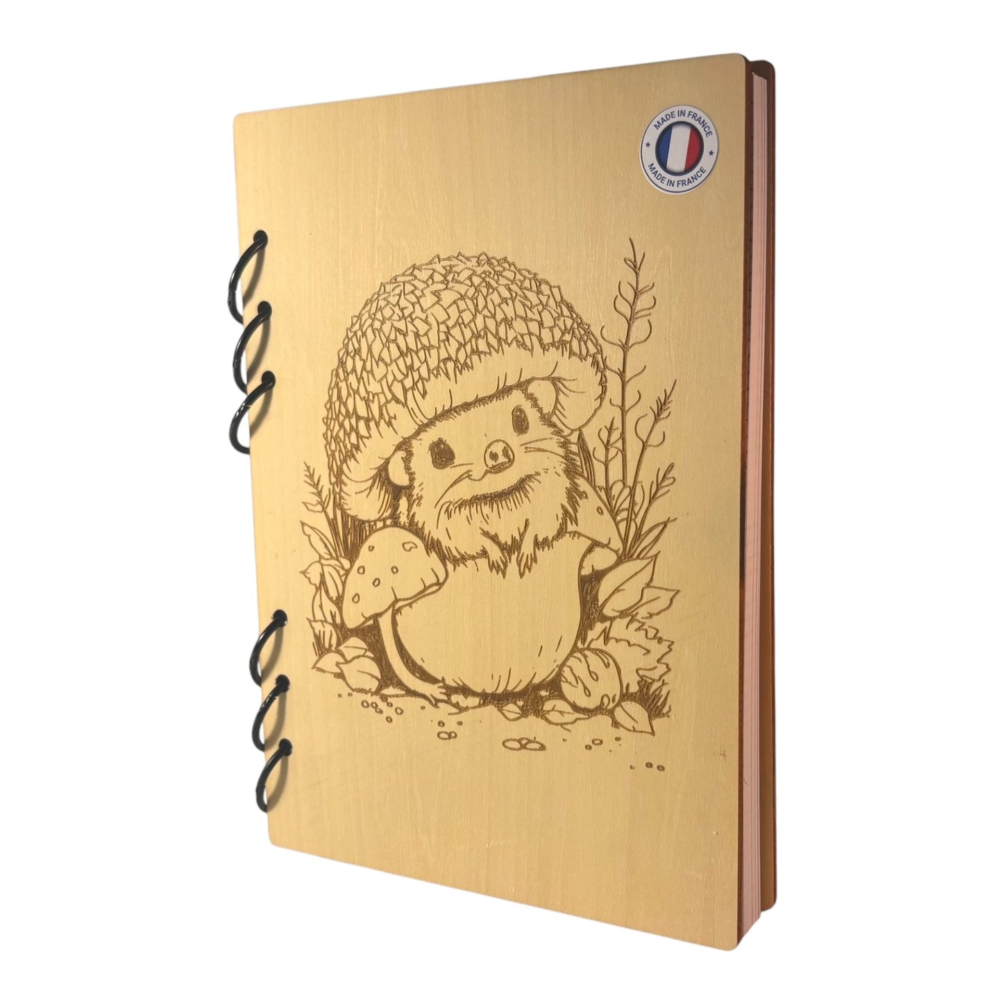 Cahier A5 hérisson champignon graver au laser rechargeable ecologique fabrication francaise et artisanale