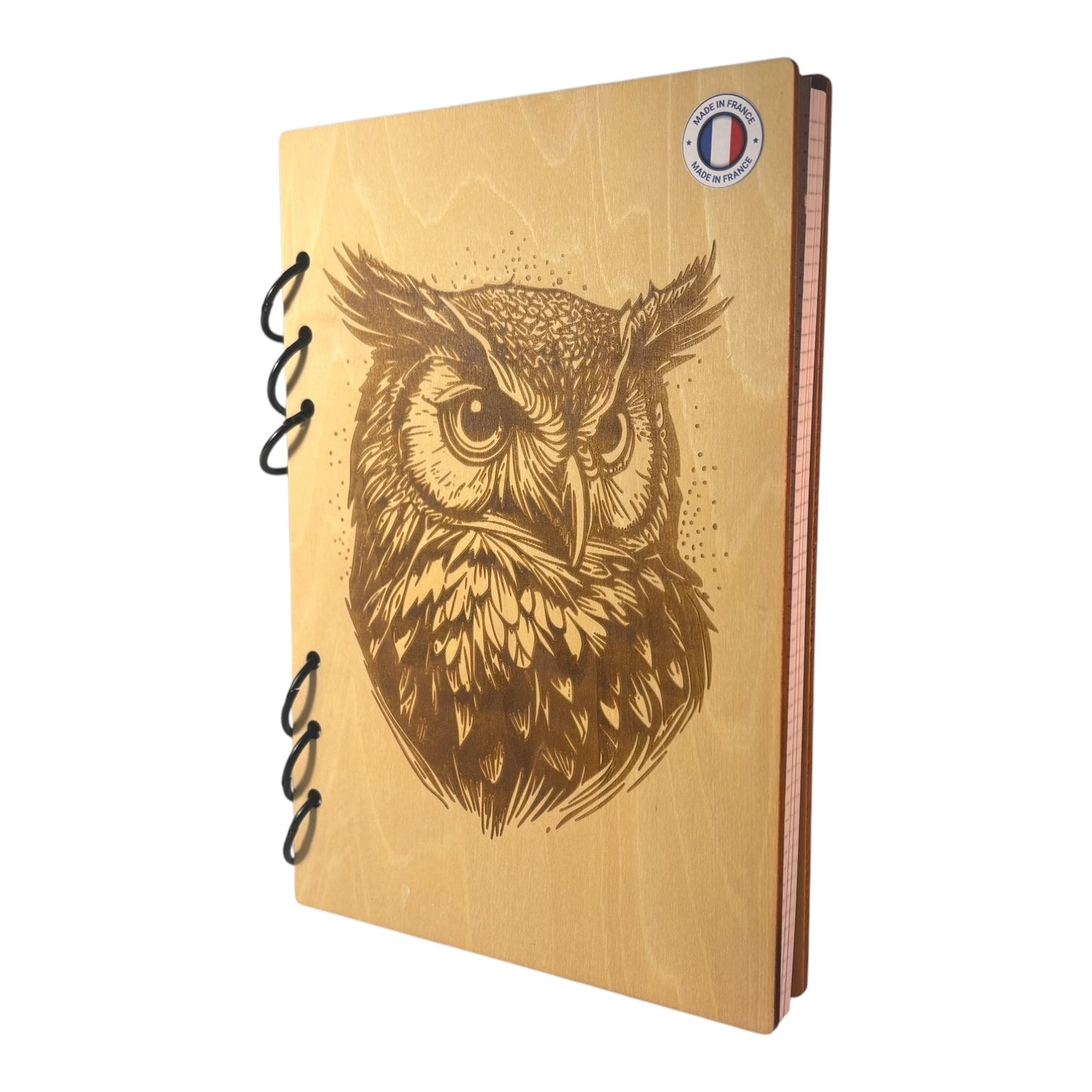 Cahier A5 tête de hiboux graver au laser rechargeable et ecologique fabrication francaise et artisanle