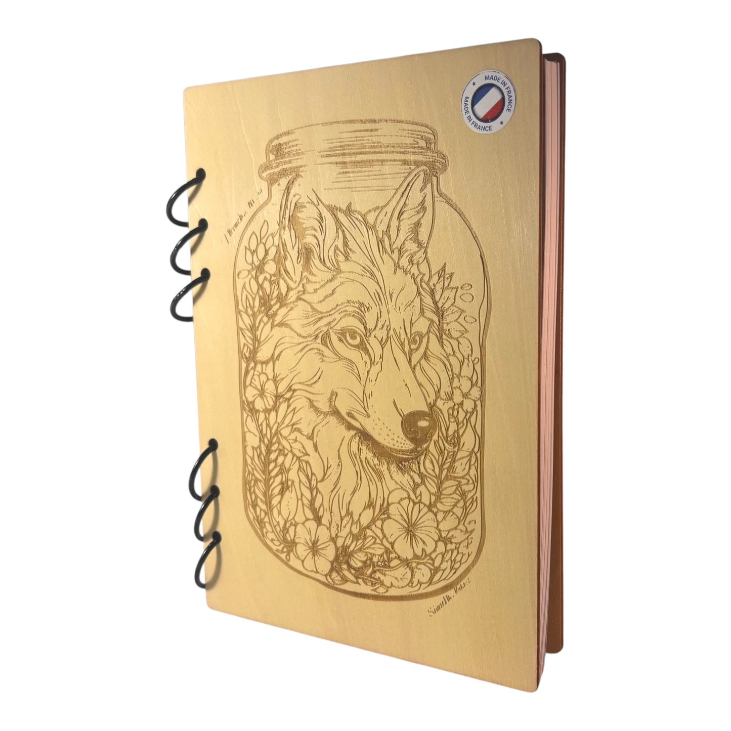 Cahier A5 Loup dans un bocalgraver au laser rechargeable et ecologique fabrication francaise et artisanale