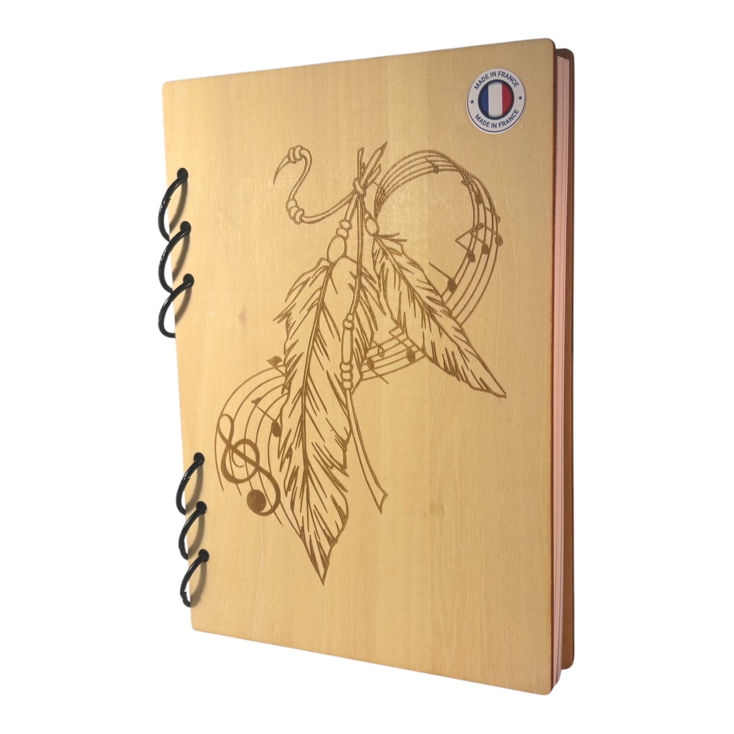 Cahier A5 plume et notes de musique - graver au laser Rechargeable et ecologique fabrication francaise et artisanale