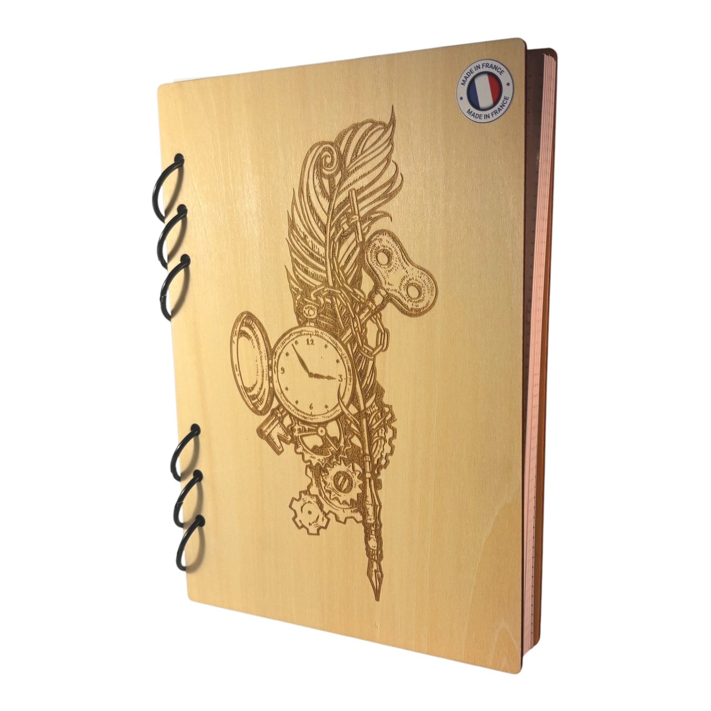 Cahier A5 plumes et montre à gousset graver au laser rechargeable et ecologique fabrication francaise et artisanale