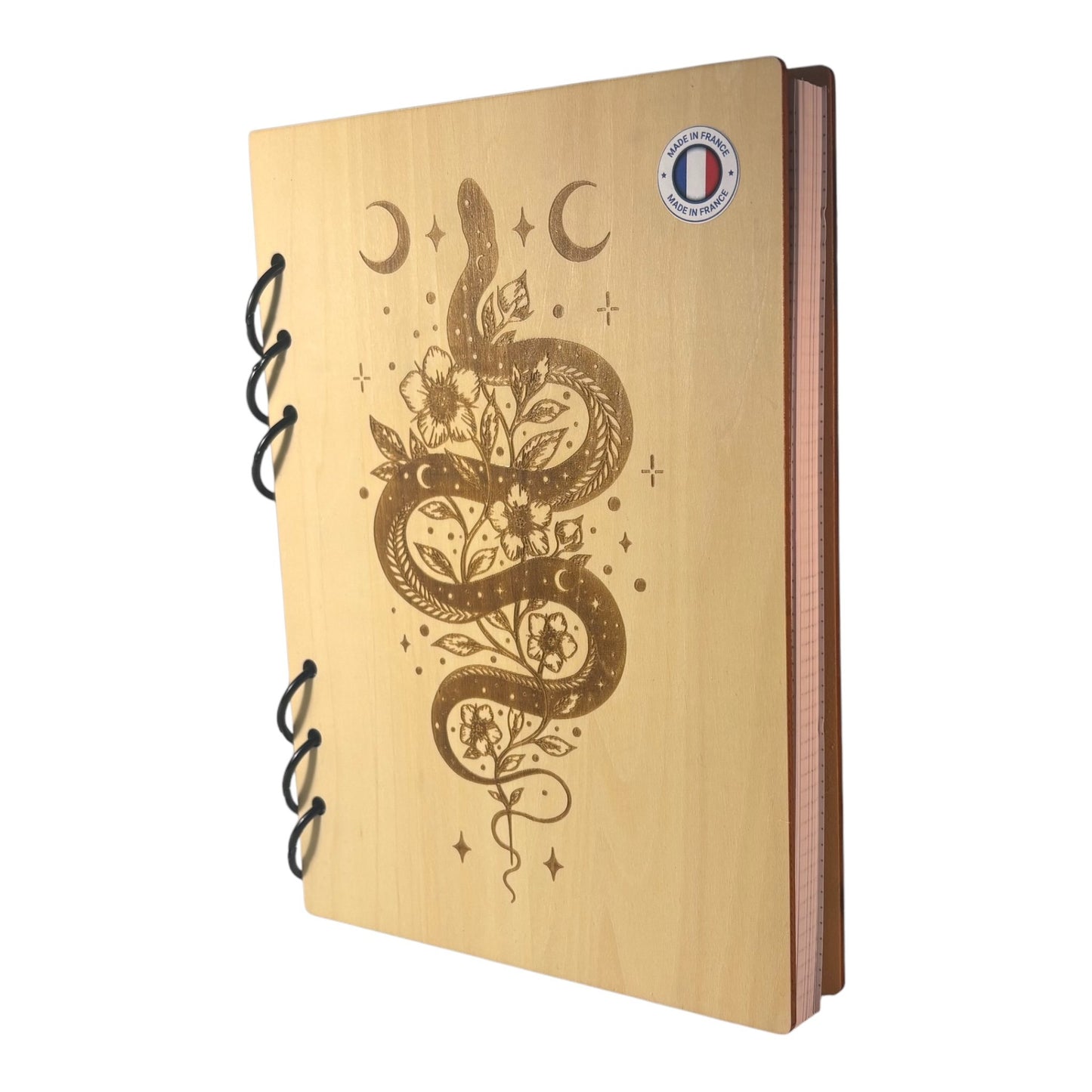 Cahier A5 serpent avec lune et fleur graver au laser rechargeable ecologique fabrication francaise et artisanale
