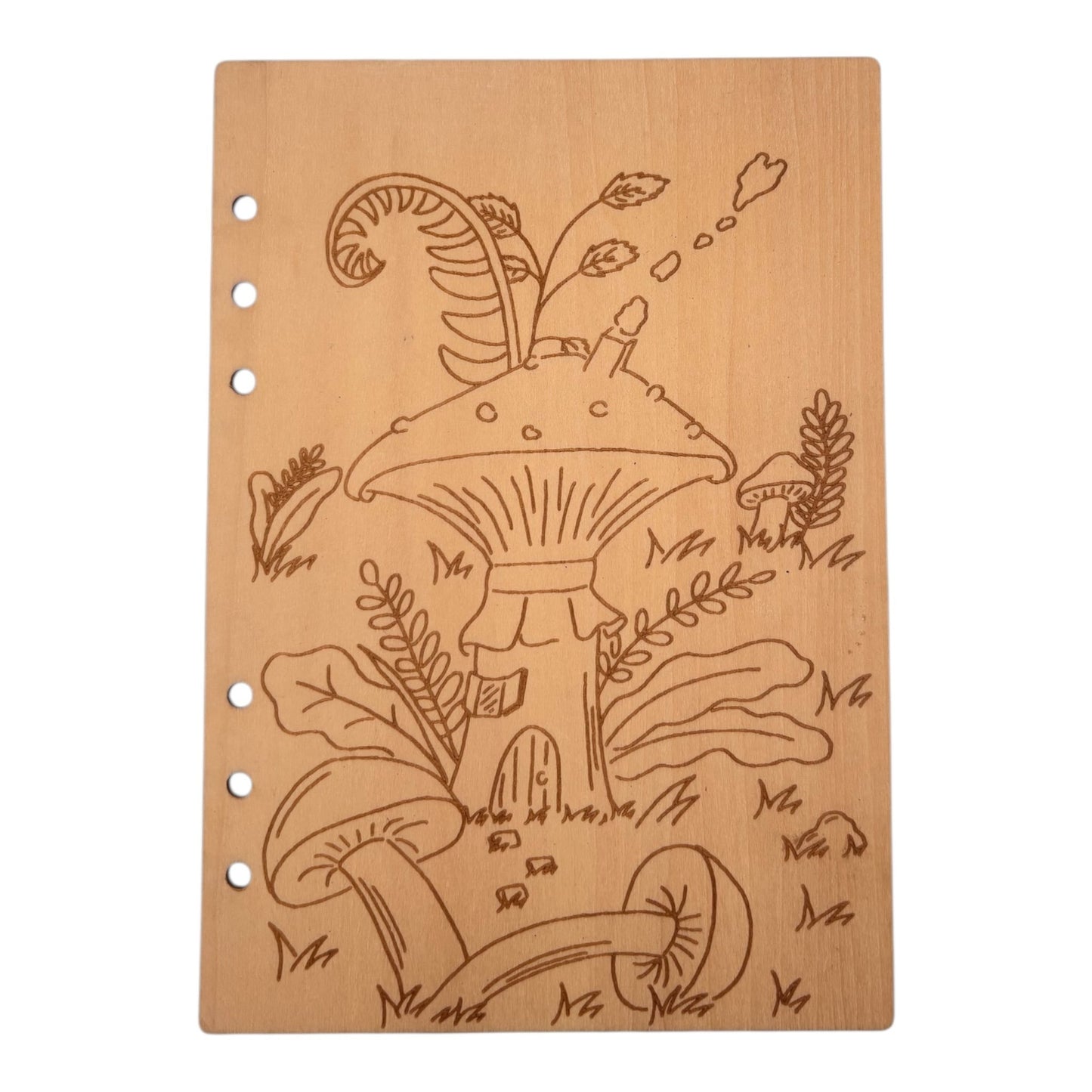 Couverture pour carnet en bois écologique et rechargeable , maison champignon gravé au laser pour cahier et bloc note au format A5 de fabrication artisananle et française