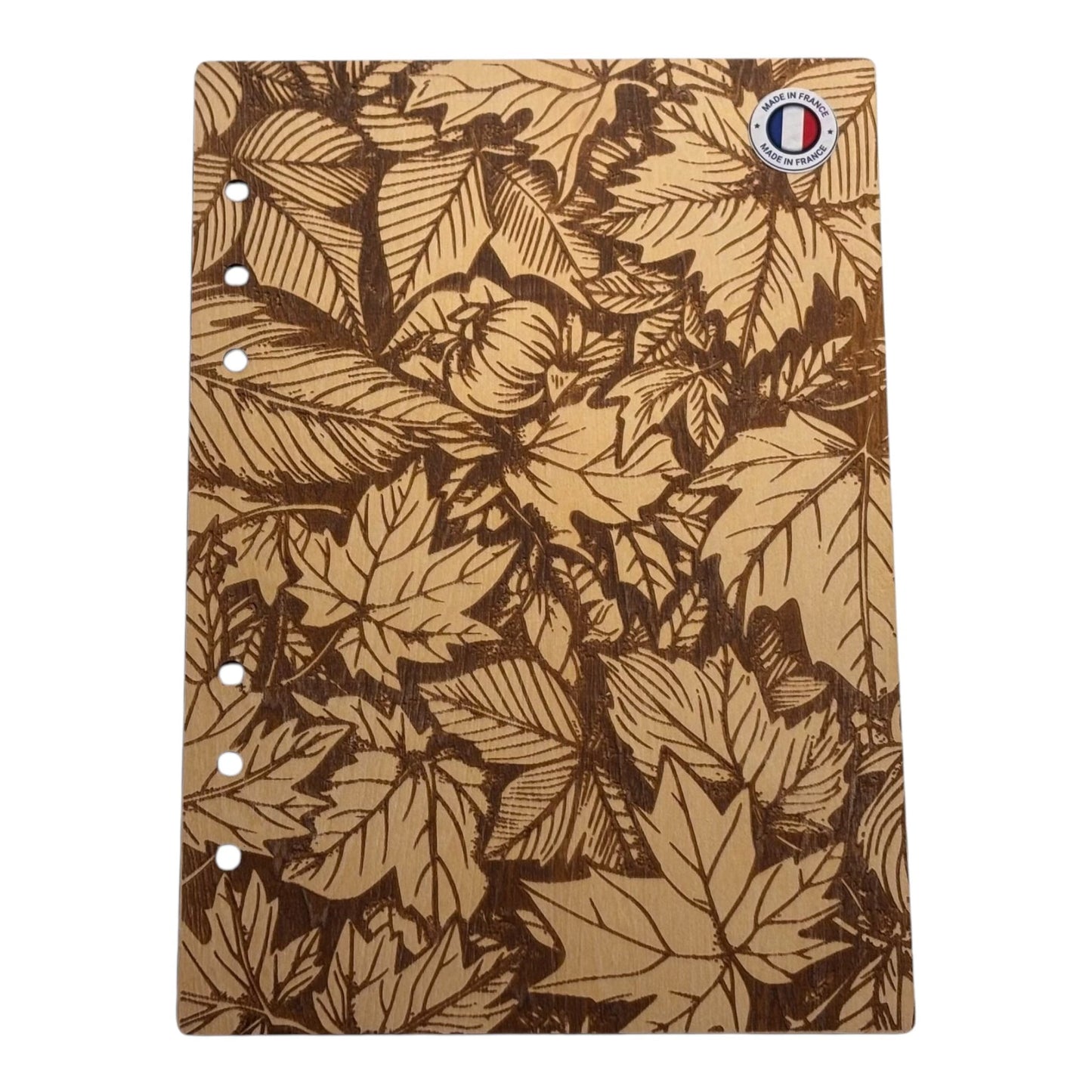 Couverture cahier A5 feuilles d'automne graver au laser rechargeable et ecologique fabrication francaise et artisanale