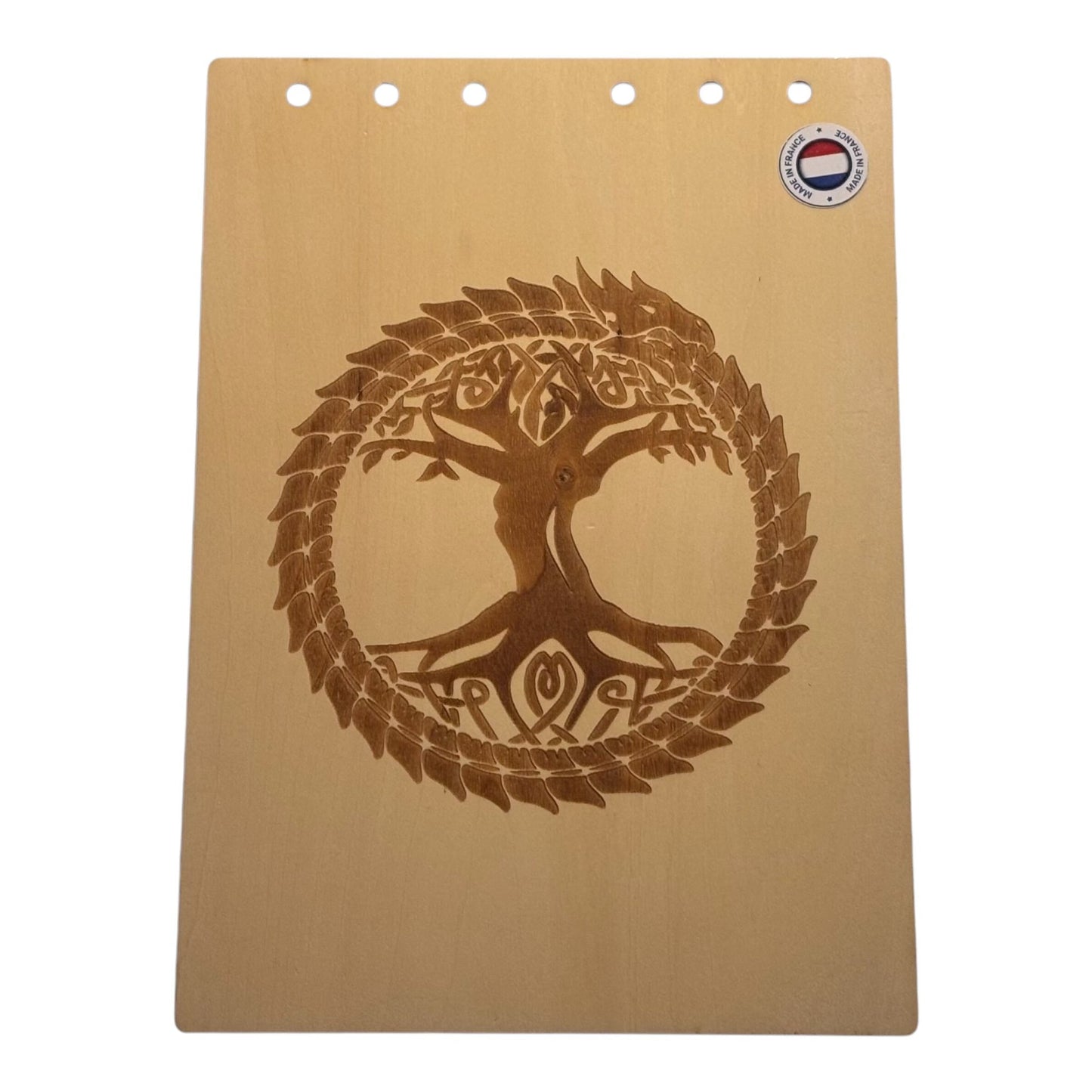 Couverture bloc note A5 arbre et ouroboros graver au laser rechargeable et ecologique fabrication francaise et artisanale