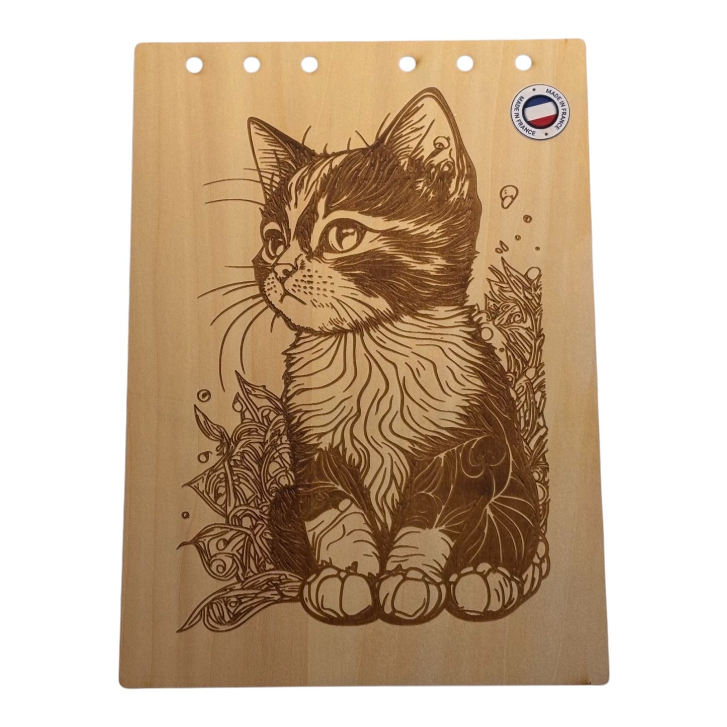 Couverture bloc note A5 chaton graver au laser rechargeable et ecologique fabrication francaise et artisanale