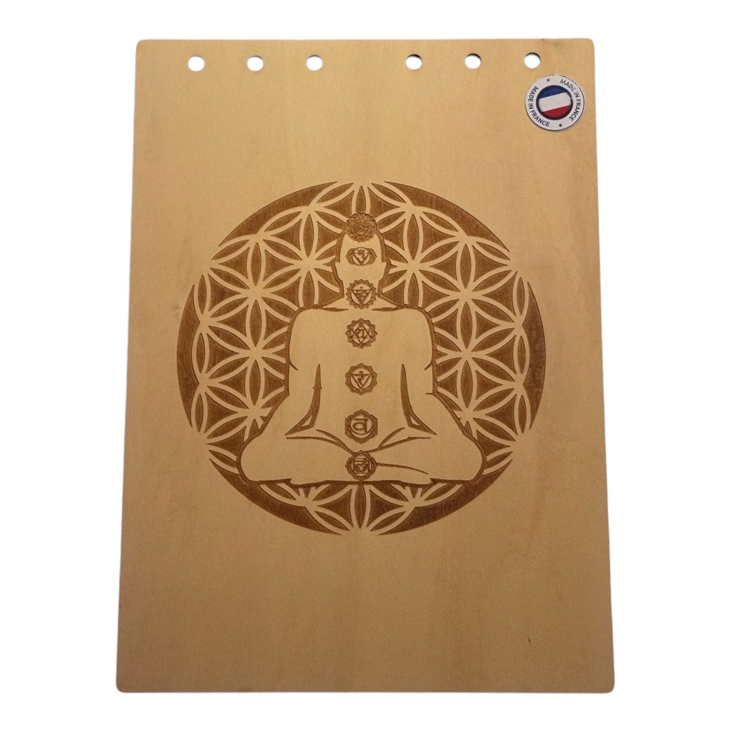 Couverture bloc note A5 fleur de vie Yogi graver au laser rechargeable et ecologique fabrication francaise et artisanale