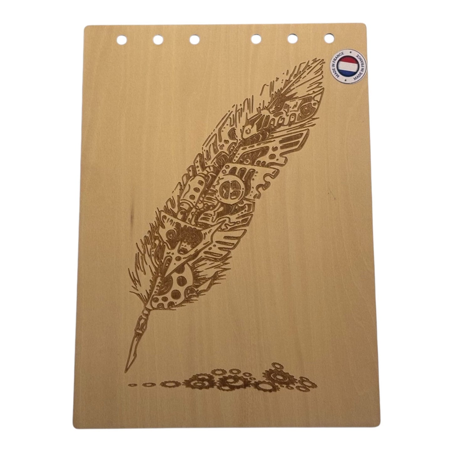 Couverture bloc note A5 plume steampunk graver au laser rechargeable et ecologique fabrication francaise et artisanale