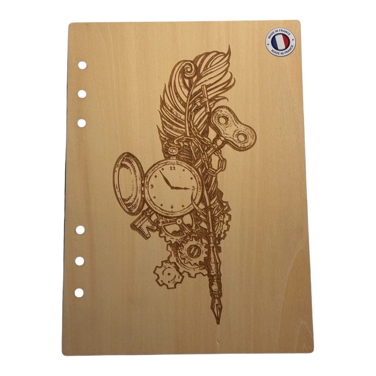 Couverture cahier A5 Plume et montre à gousset graver au laser rechargeable et ecologique fabrication francaise et artisanale