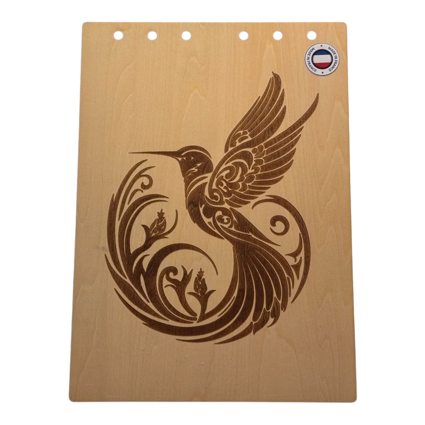 Couverture bloc note A5 colibri graver au laser rechargeable et ecologique fabrication francaise et artisanale - Mon carnet en bois