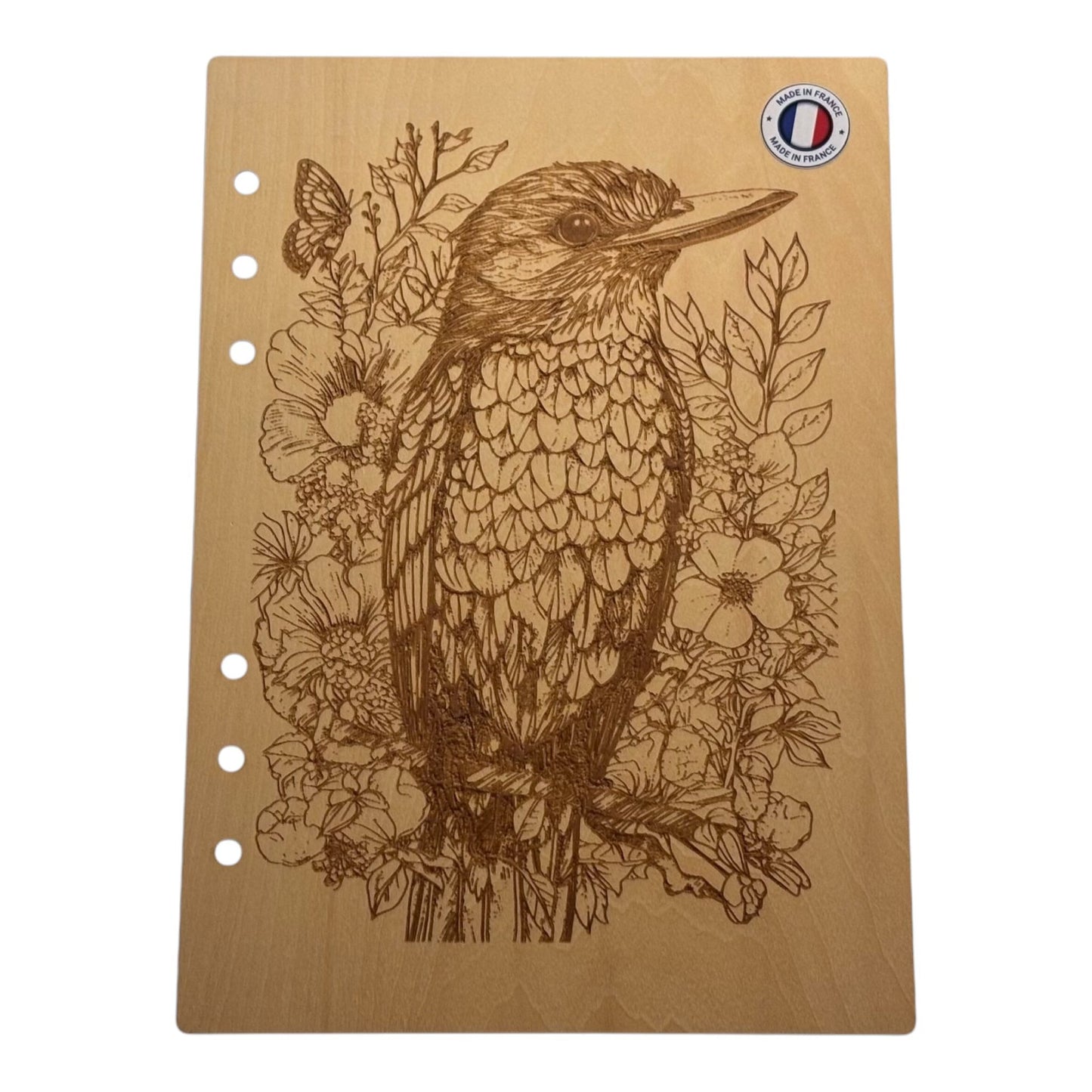 Couverture cahier A5 Martin pêcheur graver au laser rechargeable et ecologique fabrication francaise et artisanale - Mon carnet en bois