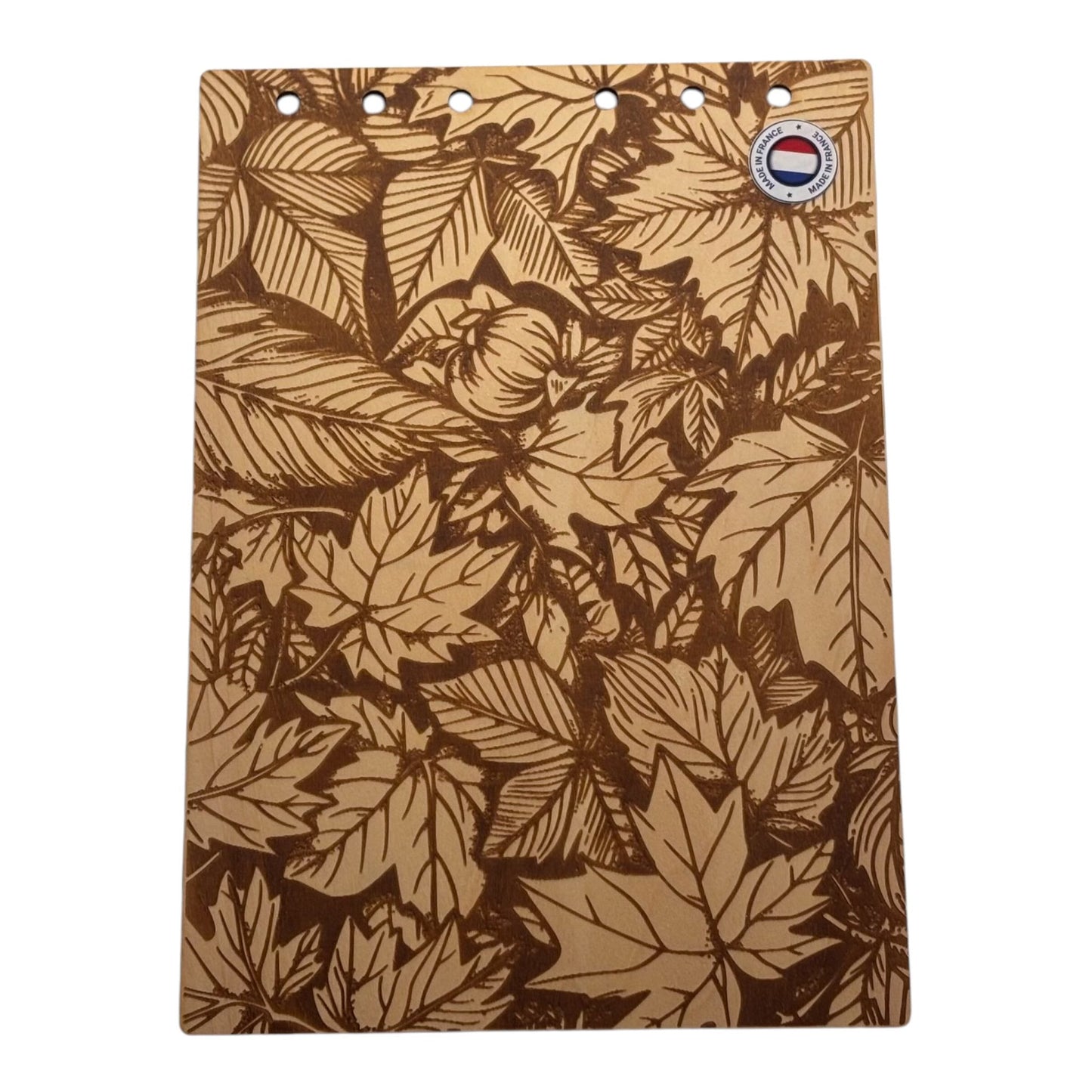 Couverture bloc note A5 feuilles d'automne graver au laser rechargeable et ecologique fabrication francaise et artisanale