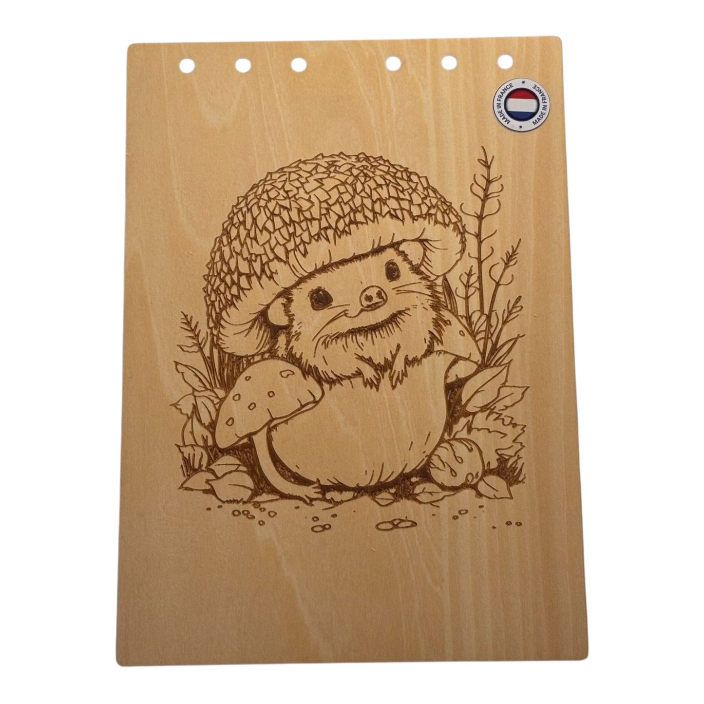 Couverture bloc note A5 hérisson champignon graver au laser rechargeable et ecologique fabrication francaise et artisanale