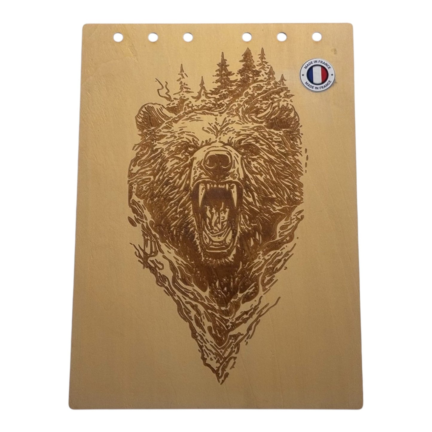 Couverture bloc note A5 tête d'ours graver au laser rechargeable et ecologique fabrication francaise et artisanale