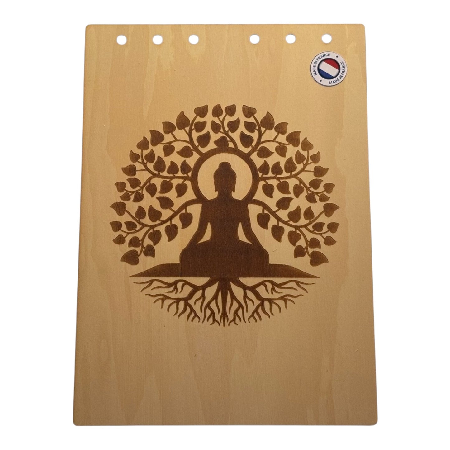 Couverture bloc note A5 arbre de vie avec yogi graver au laser rechargeable et ecologique fabrication francaise et artisanale