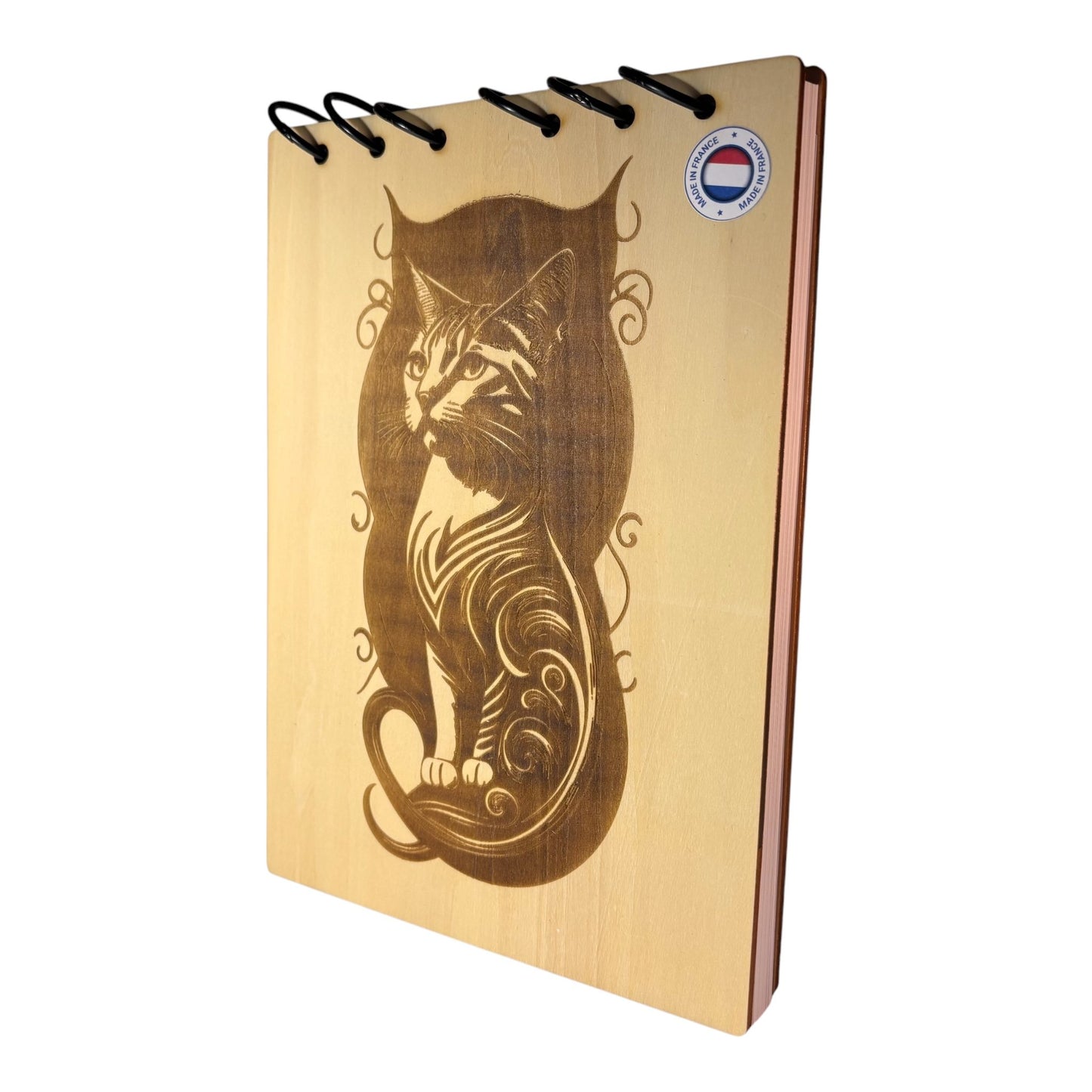 Bloc note A5 chat dans son ombre graver au laser rechargeable et ecologique fabrication francaise et artisanale