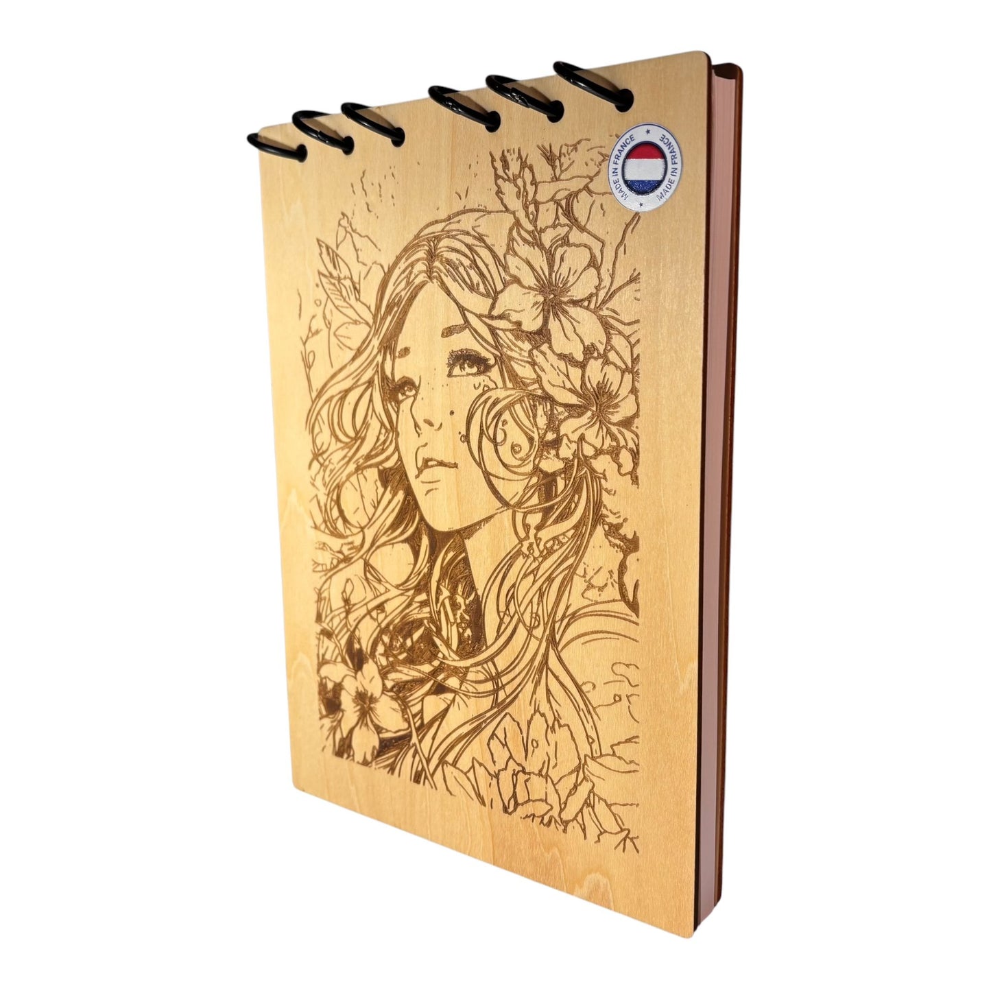 Bloc note A5 Elfe entourée de fleurs graver au laser rechargeable et ecologique fabrication francaise et artisanale