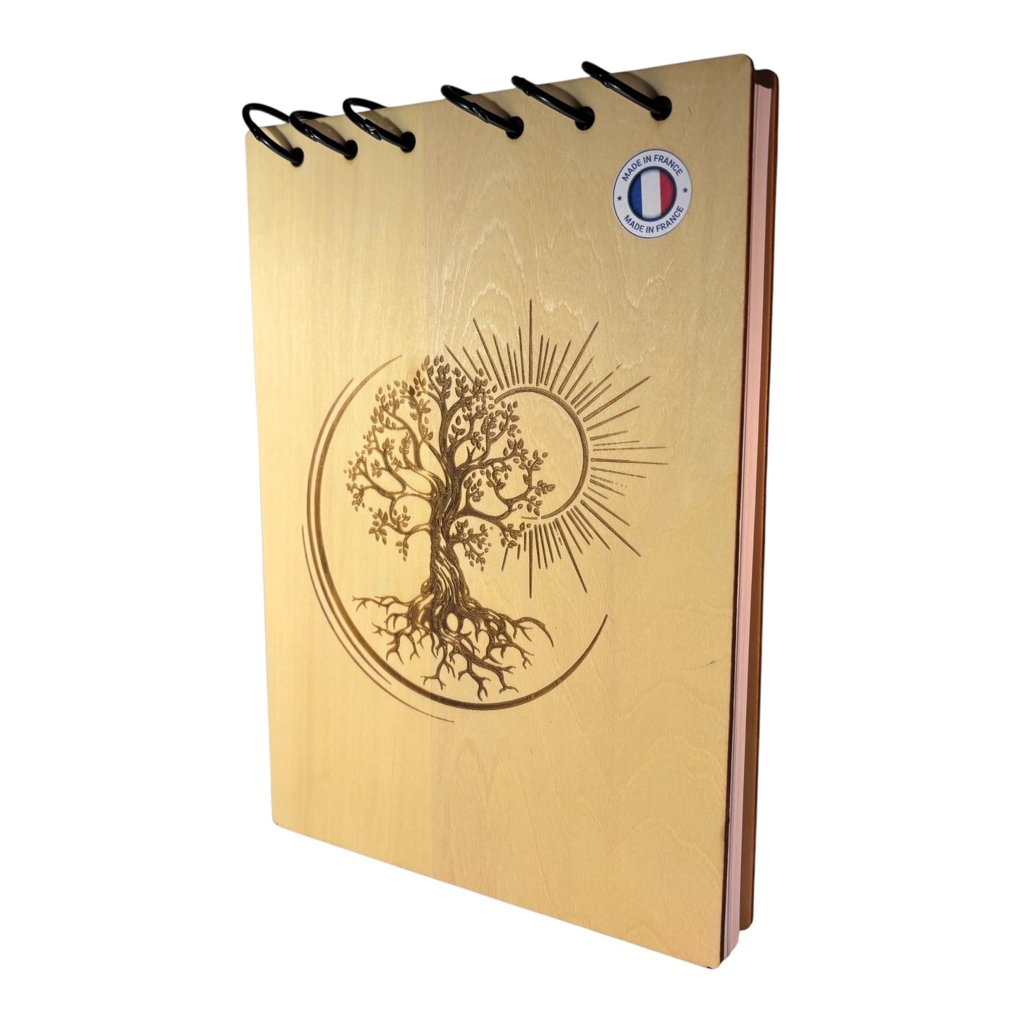 Bloc note A5 arbre de vie avec soleil graver au laser rechargeable et ecologique fabrication francaise et artisanale