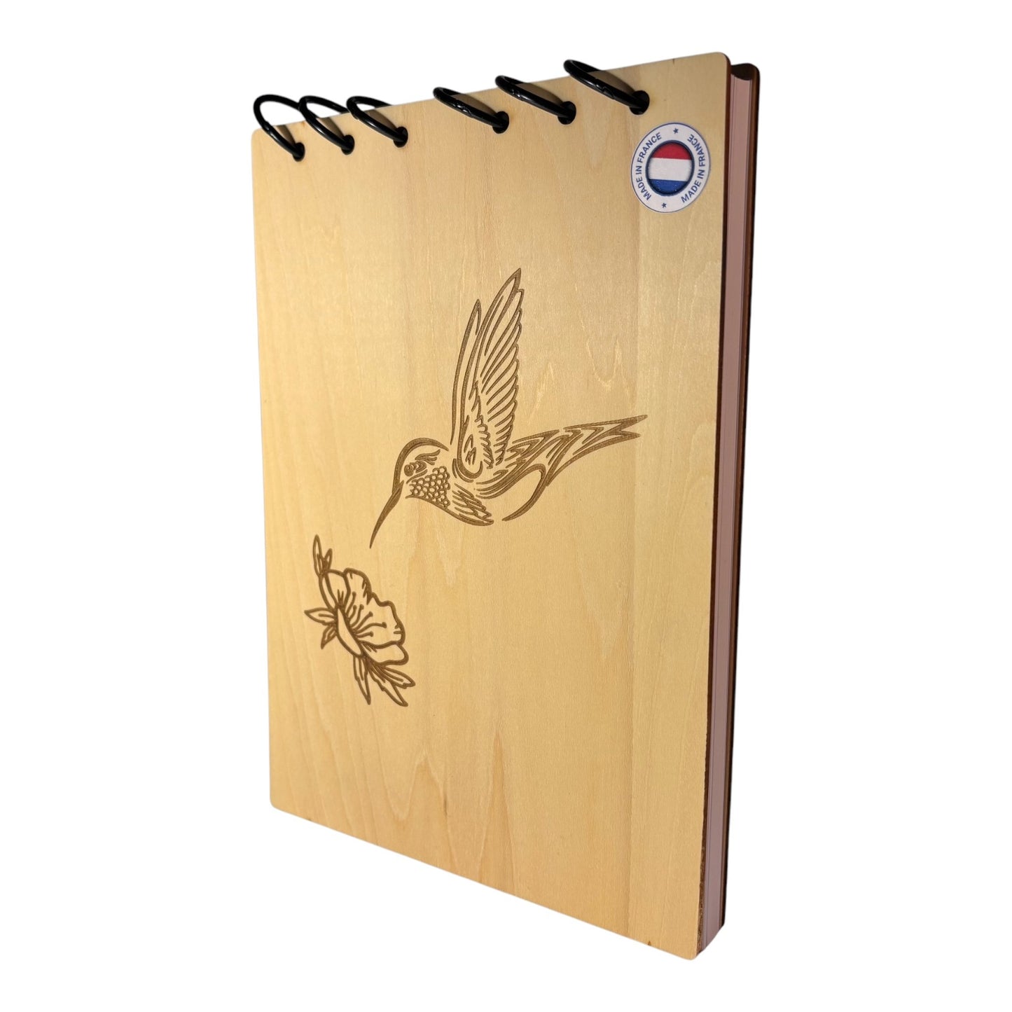 Bloc note A5 colibri sur une fleur graver au laser rechargeable et ecologique fabrication francaise et artisanale