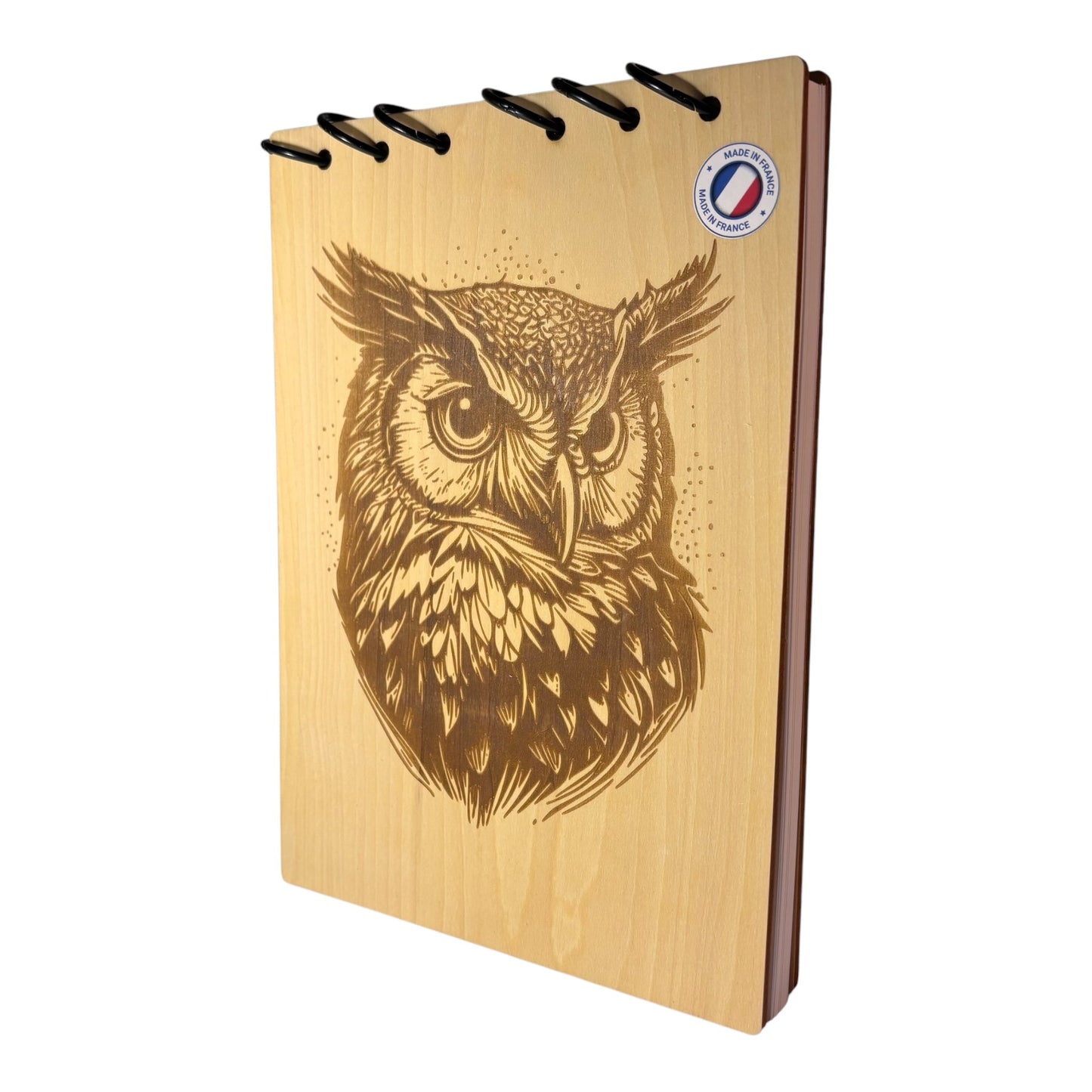 Bloc note A5 tête de hiboux graver au laser rechargeable et ecologique fabrication francaise et artisanale