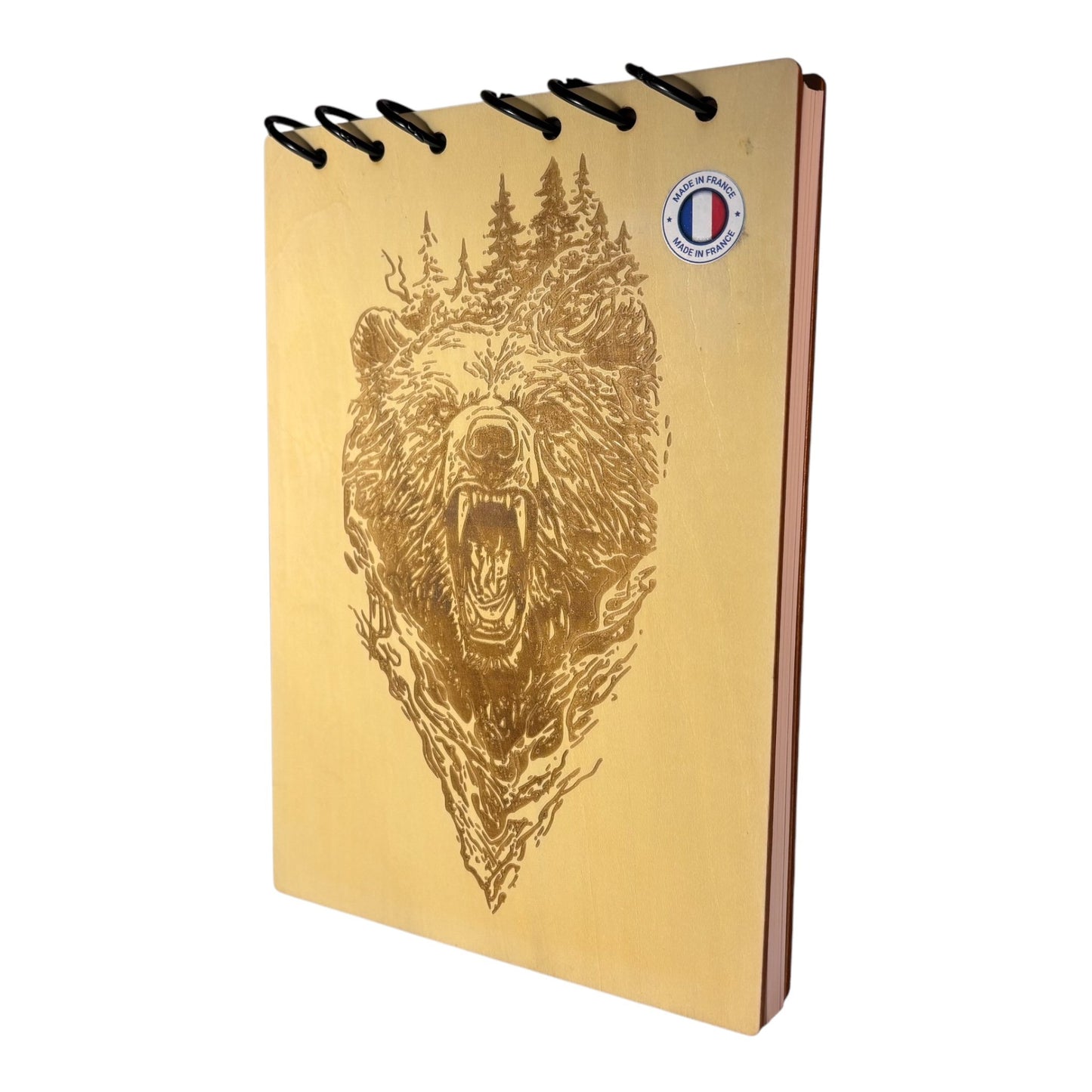 Bloc note A5 tête d'ours graver au laser rechargeable et ecologique fabrication francaise et artisanale