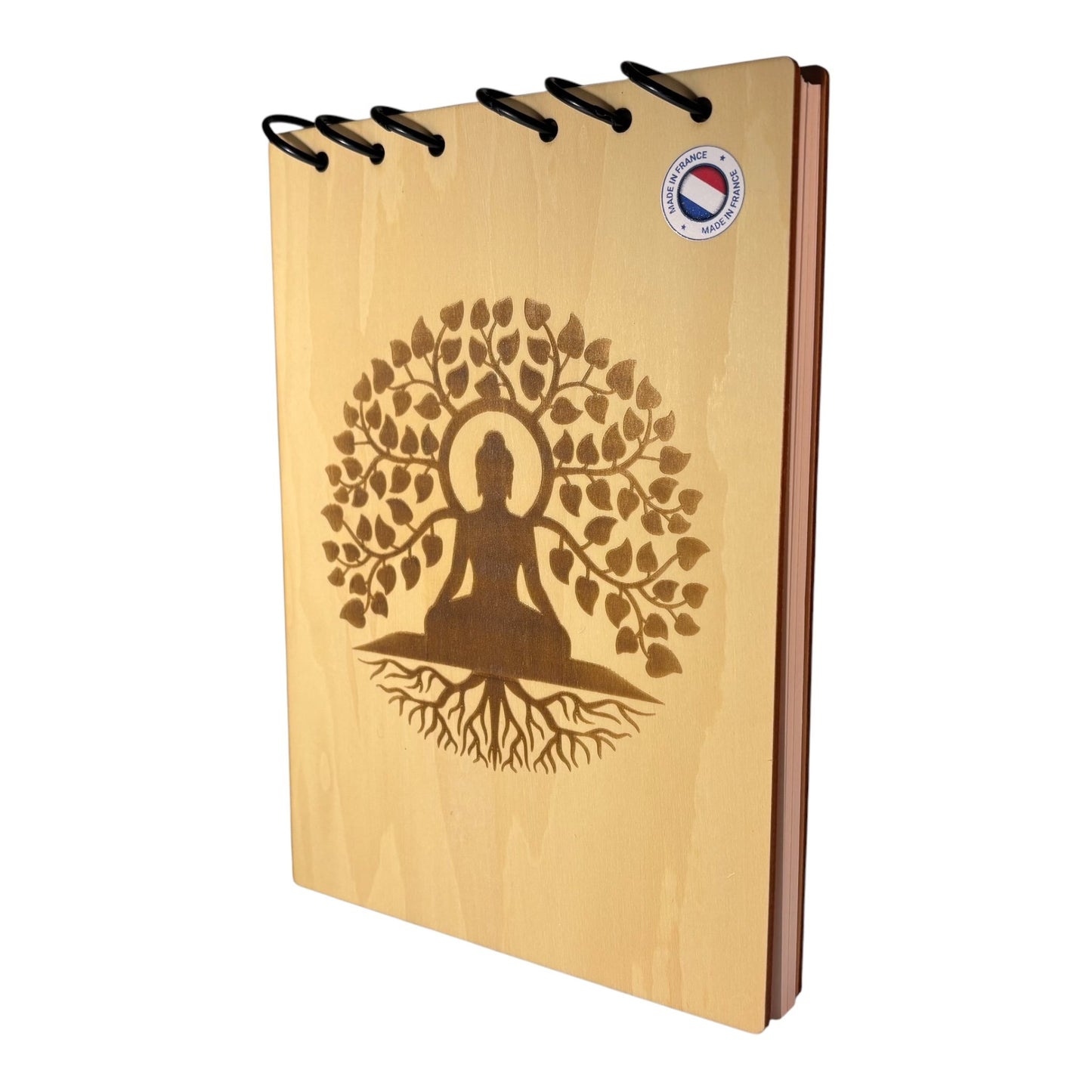 Bloc note A5 yogi avec arbre de vie -graver au laser rechargeable et ecologique fabrication francaise et artisanale