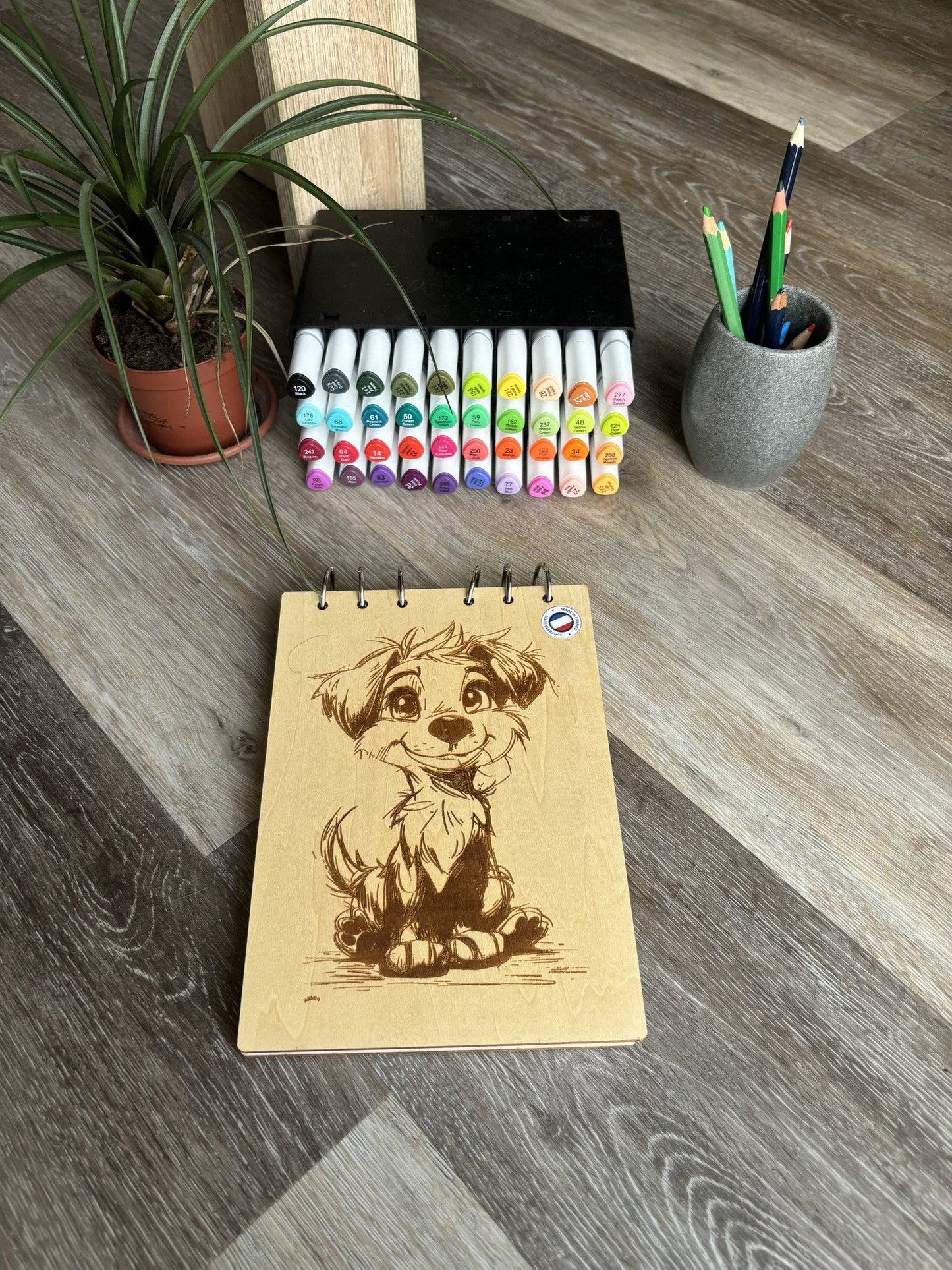 Bloc note A5 avec feutre Chien graver au laser rechargeable et ecologique fabrication francaise et artisanale
