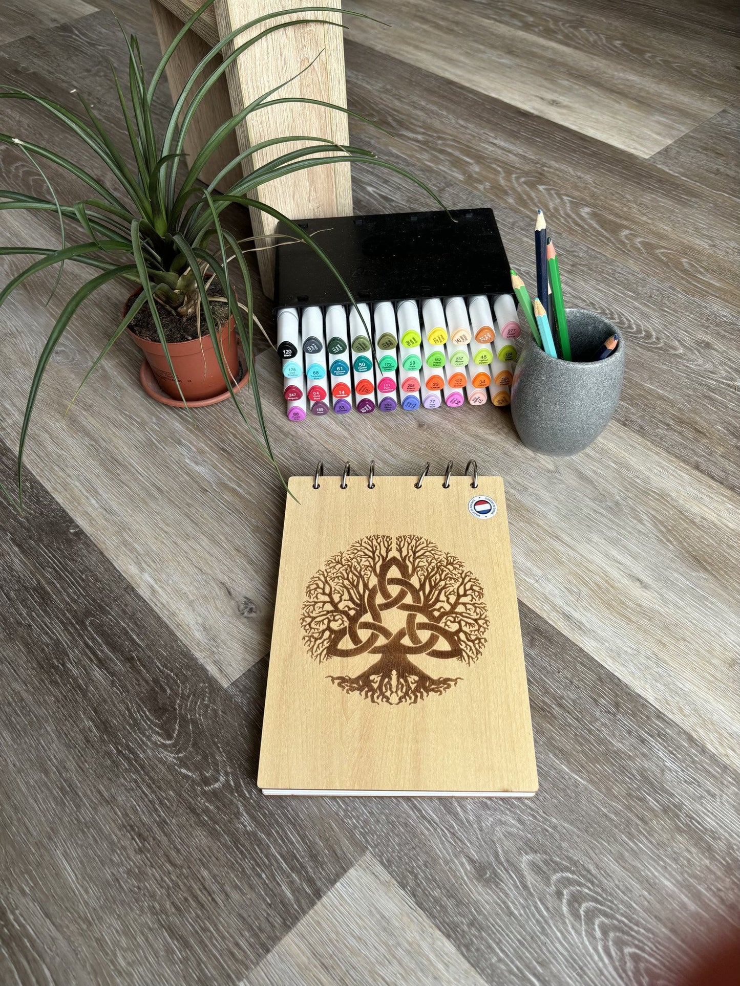 Bloc note A5 avec feutre arbre celte - graver au laser rechargeable et ecologique fabrication francaise et artisanale