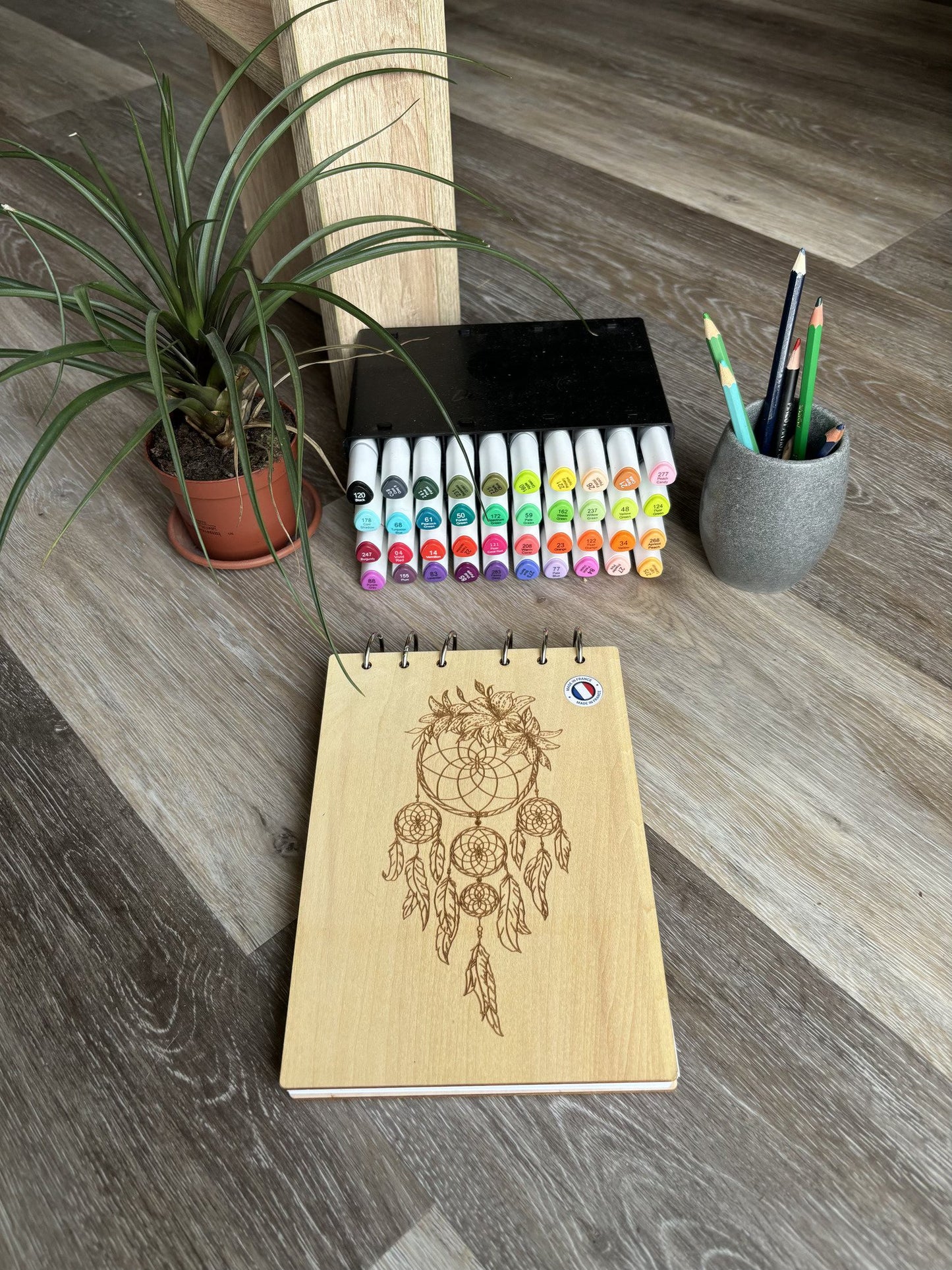 Bloc note A5 avec feutres Attrape rêves - graver au laser rechargeable et ecologique fabrication francaise et artisanale