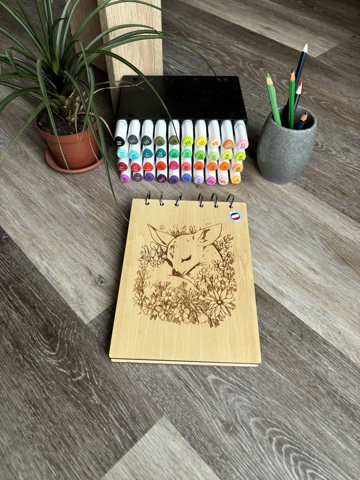 Bloc note A5 avec feutres Biche --graver au laser rechargeable et ecologique fabrication francaise et artisanale