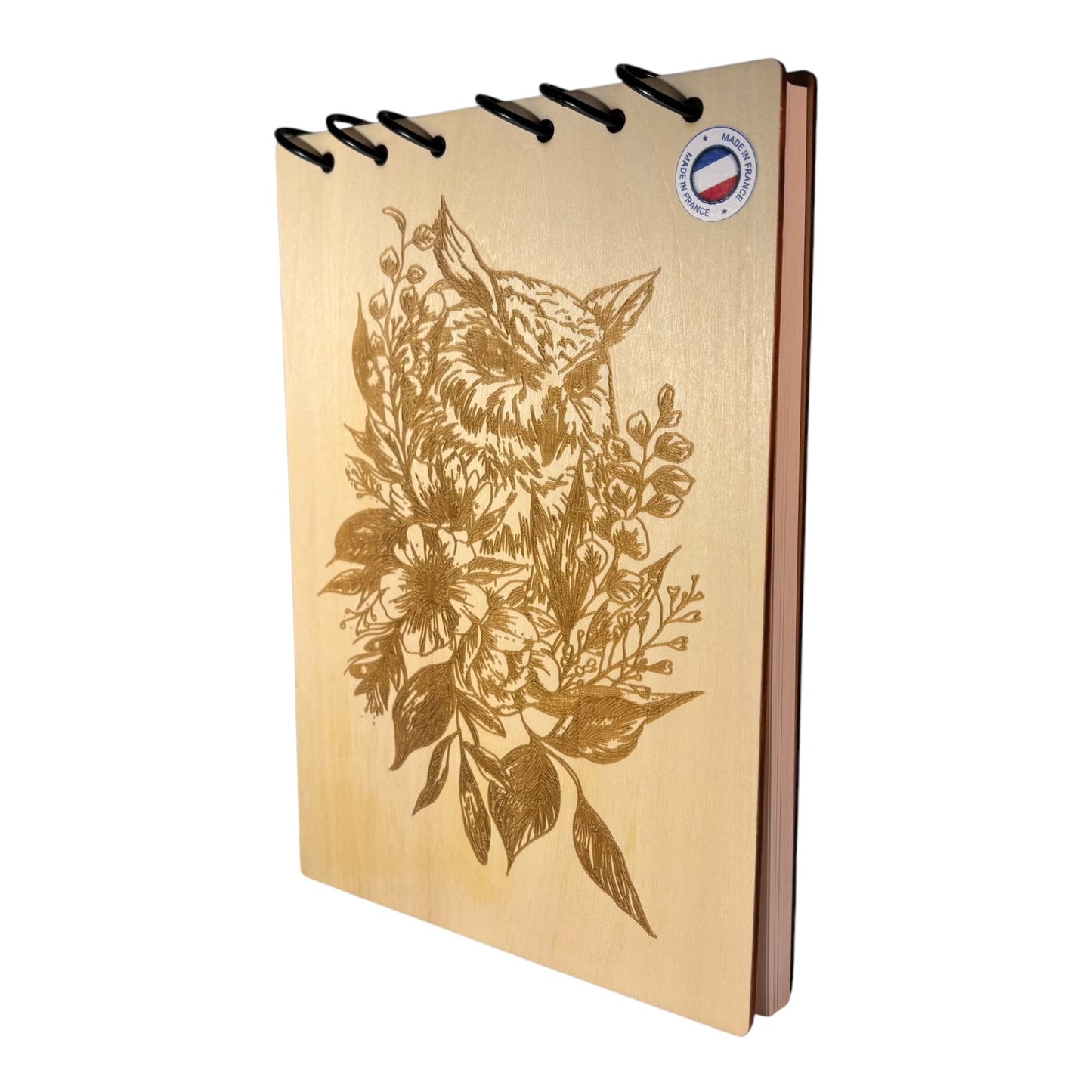 Bloc note A5 Chouette entourée de fleurs graver au laser rechargeable et ecologique fabrication francaise et artisanale