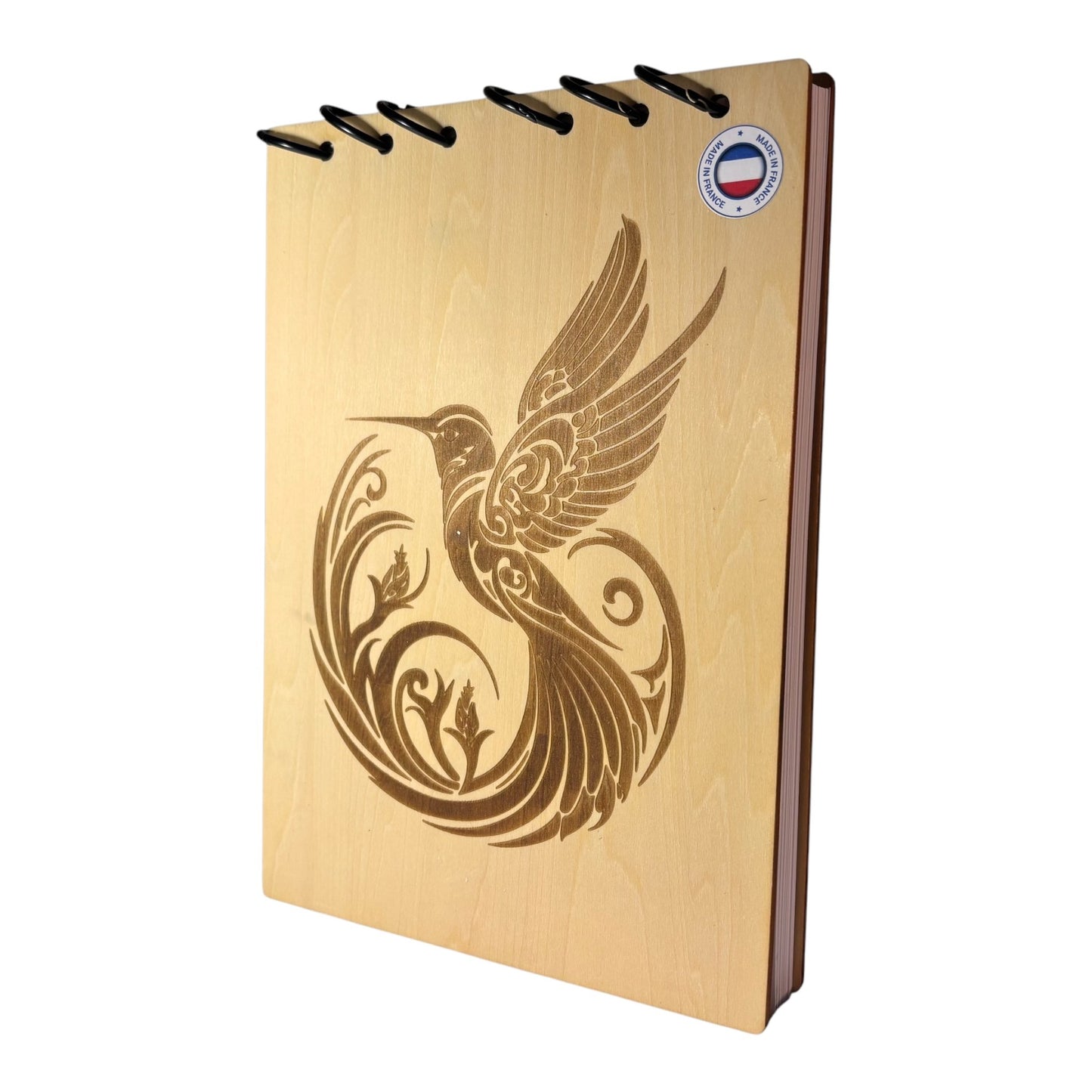 Bloc note A5 colibri qui s'envole graver au laser rechargeable et ecologique fabrication francaise et artisanale