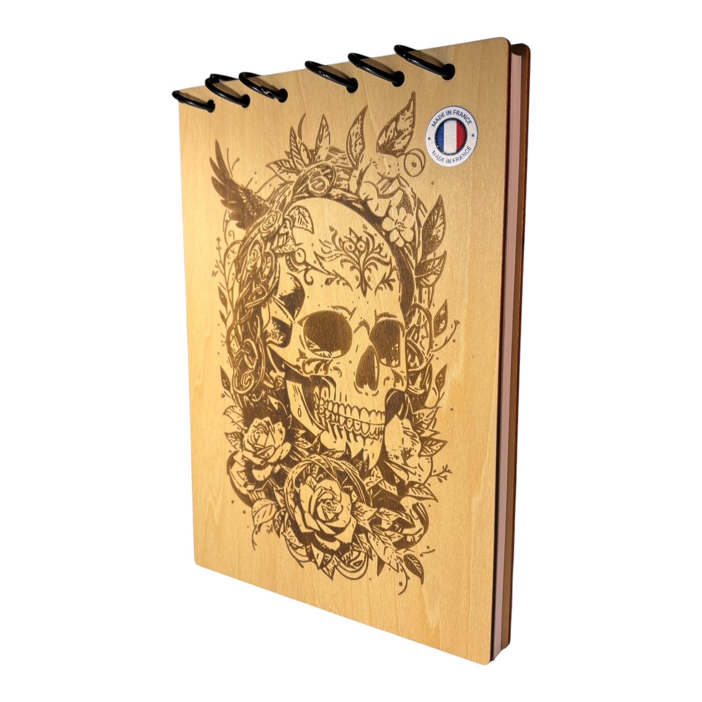 Bloc note A5 crâne entouré de fleurs - graver au laser rechargeable et ecologique fabrication francaise et artisanale