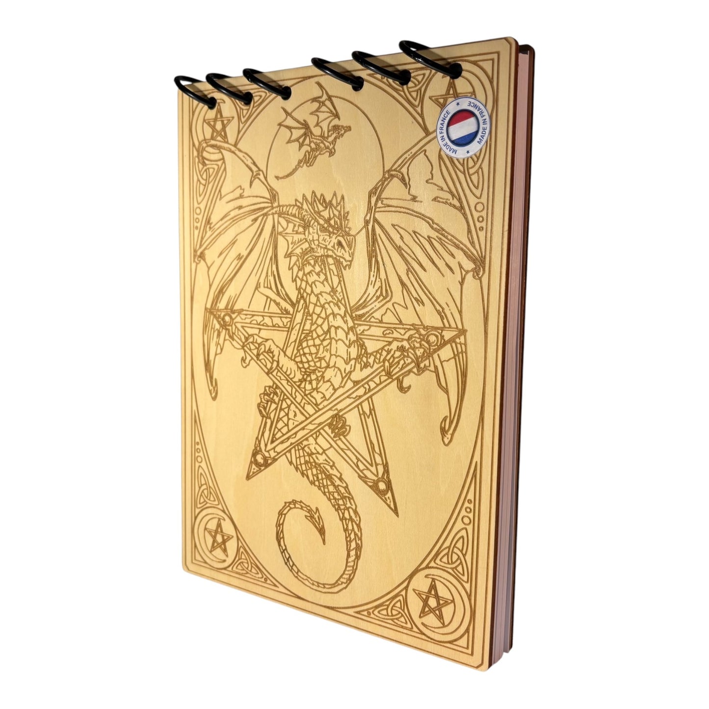 Bloc note A5 Dragon dans un pentacle - graver au laser rechargeable et ecologique fabrication francaise et artisanale
