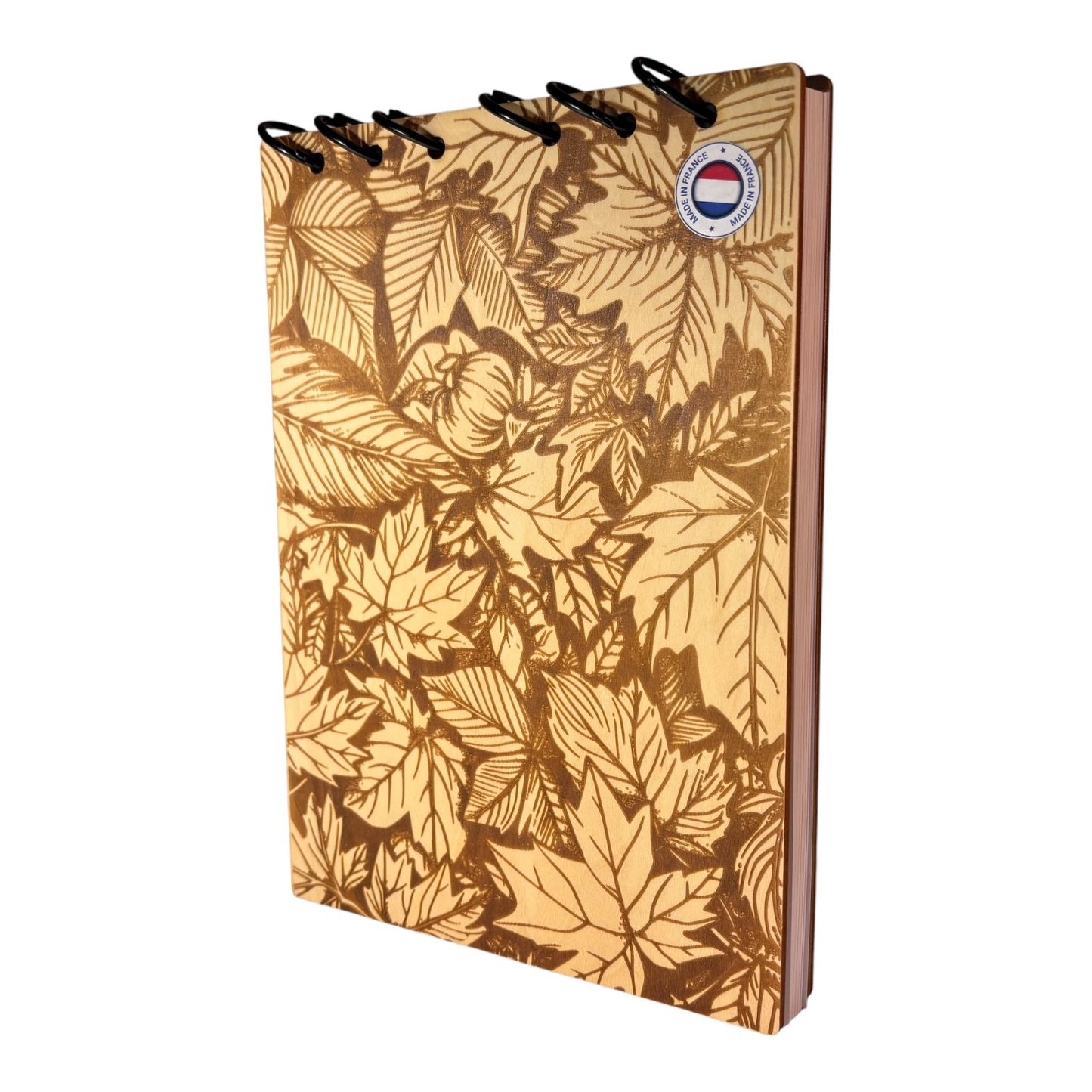 Bloc note A5 feuilles d'automne graver au laser rechargeable et ecologique fabrication francaise et artisanale