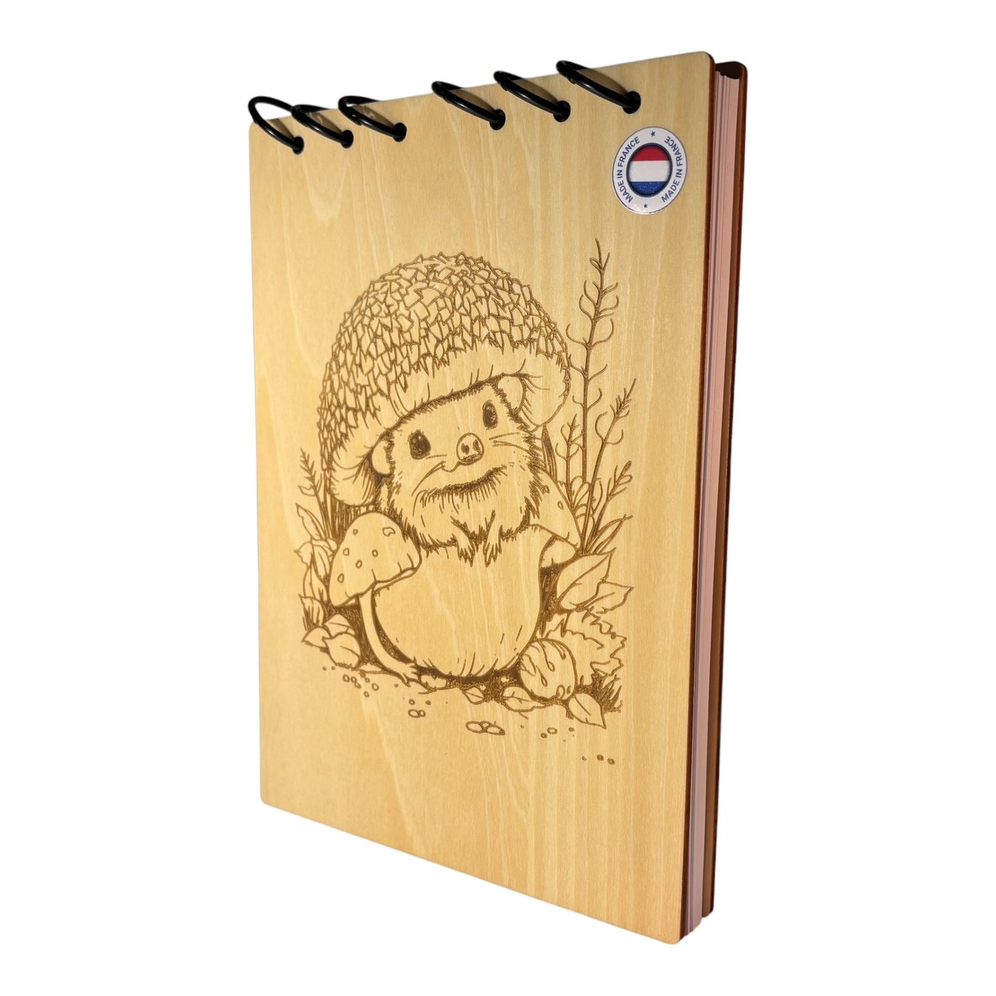 Bloc note A5 hérisson champignon graver au laser rechargeable et ecologique fabrication francaise et artisanale