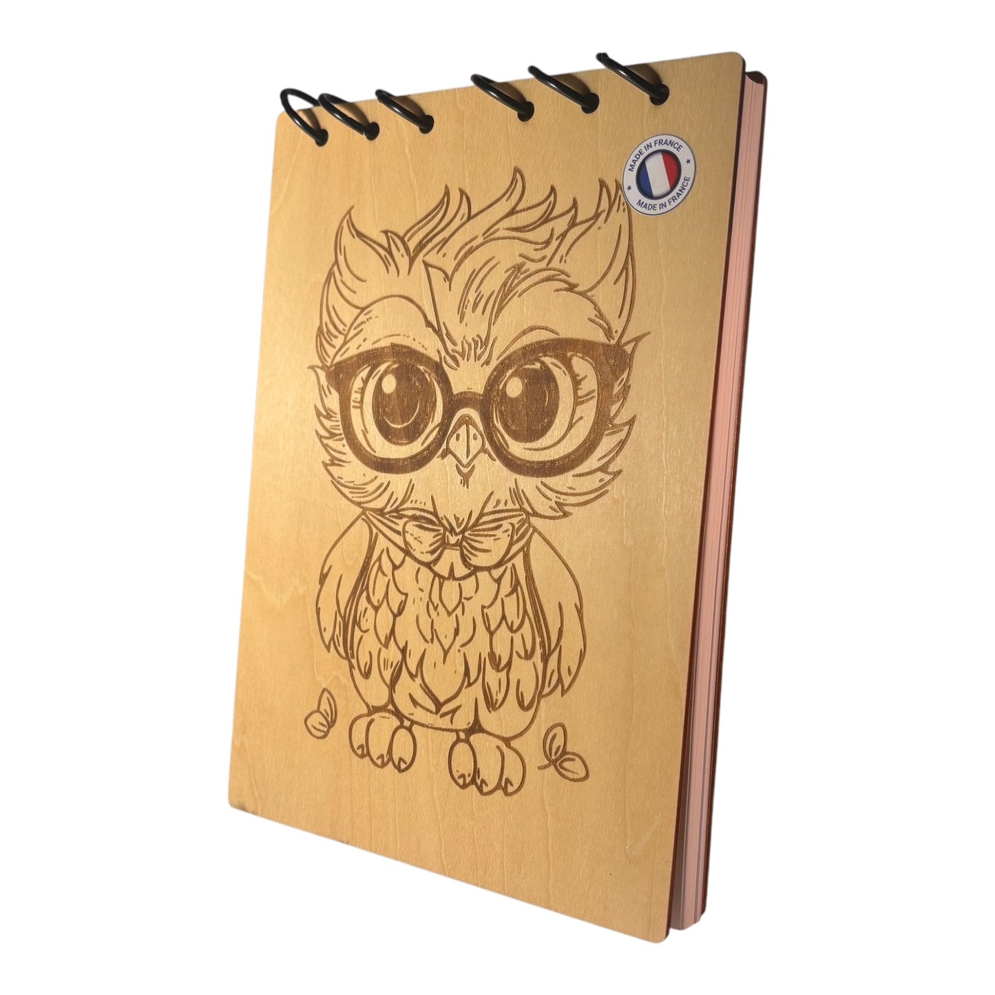 Bloc note A5 hibou avec des lunettes - graver au laser rechargeable et ecologique fabrication francaise et artisanale