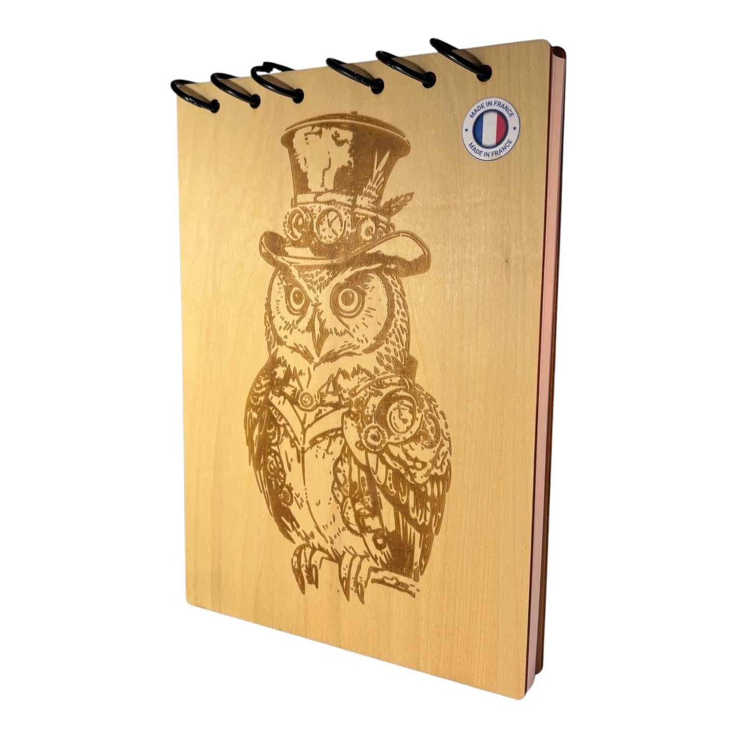 Bloc note A5 hiboux steampunk graver au laser rechargeable et ecologique fabrication francaise et artisanale