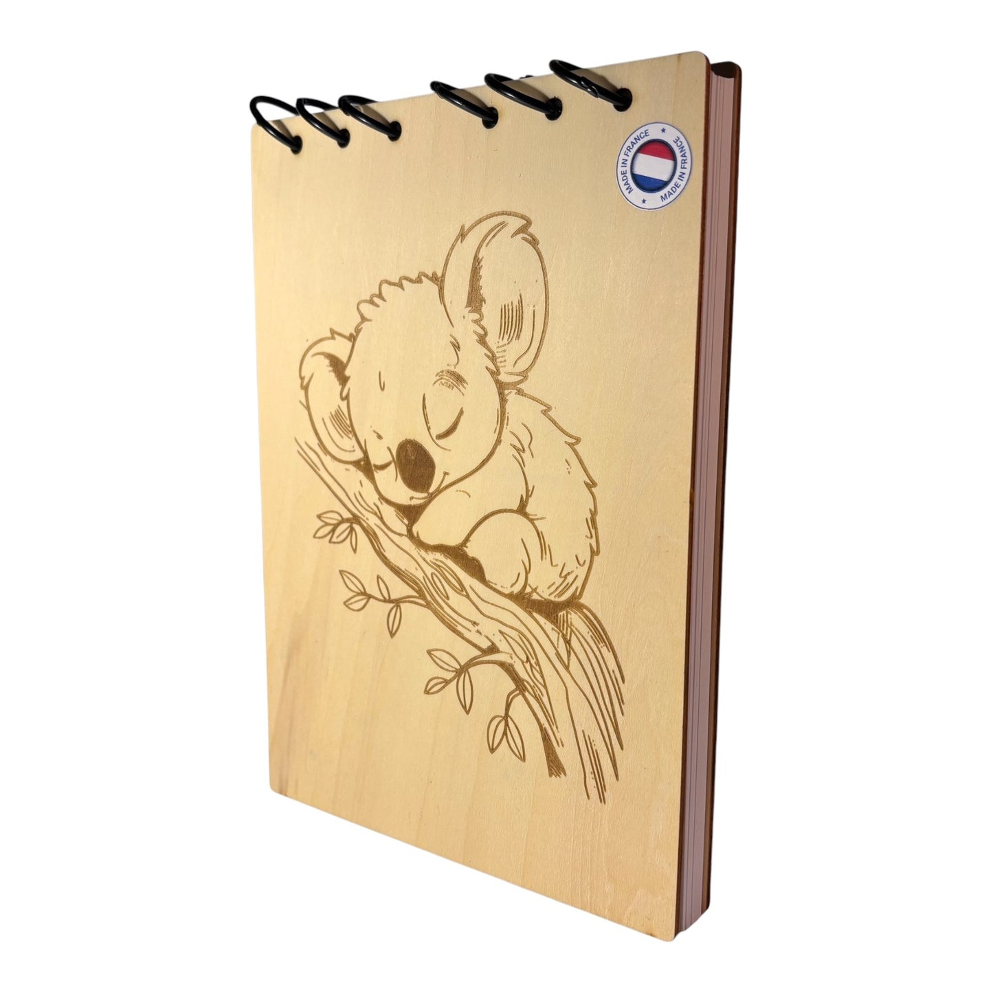 Bloc note A5 koalas sur sa branche graver au laser rechargeable et ecologique fabrication francaise et artisanale