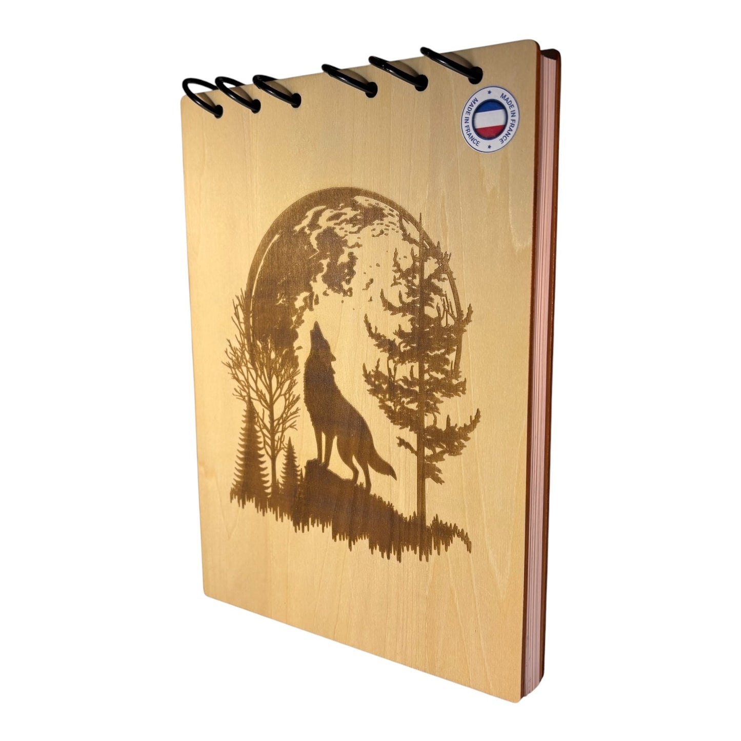 Bloc note A5 loup au clair de lune graver au laser rechargeable et ecologique fabrication francaise et artisanale